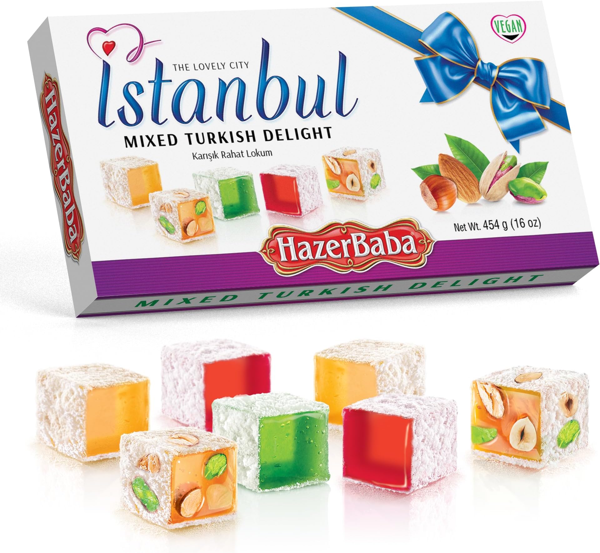 Hazer Baba Turkish Delight Candy, Mixed Nuts with Rose, Lemon & Mint Flavors, 16 oz (Pack of 1) Gourmet Snack Box, Traditional, Vegan, Lokum, Sweets, Loukumi, Delicias Turcas, Halal, Kosher