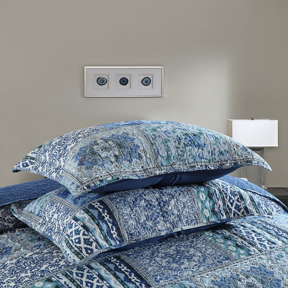 NEWLAKE Cotton Bedspread Quilt Sets-Reversible Patchwork Coverlet Set, Blue Classic Bohemian Pattern,Queen Size - Image 4