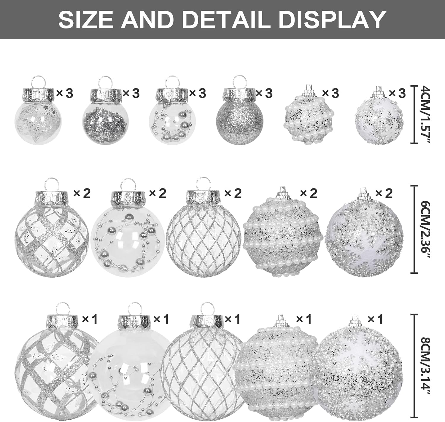 Super Holiday Christmas Ball Ornaments, 33PCS Silver Clear Shatterproof Plastic Foam Ornaments Set for Hanging Xmas Tree Holiday Thanksgiving Party Decor. - Image 2