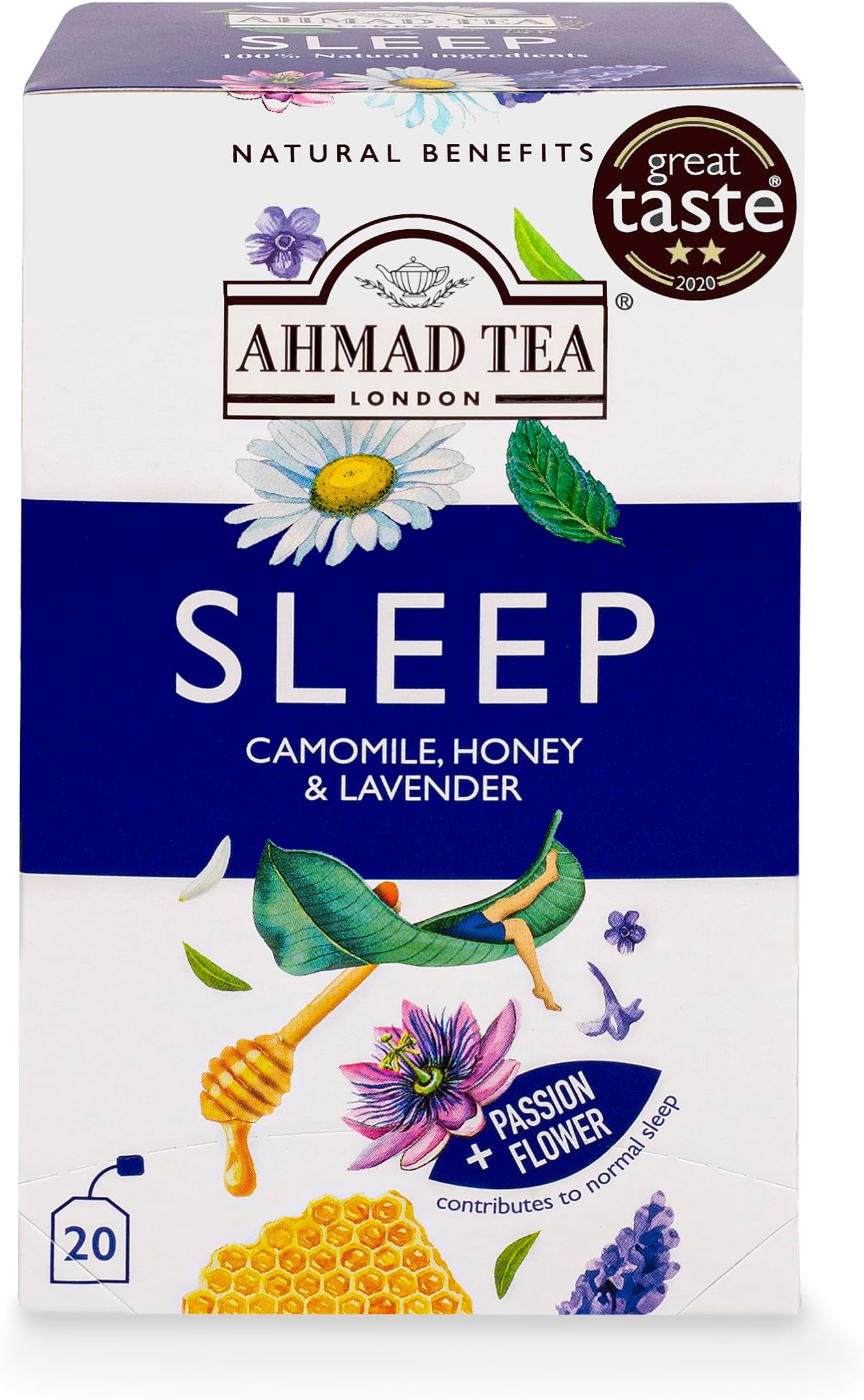Ahmad Tea Natural Benefit Tea | Camomile, Honey & Lavender "Sleep" Infusion | 20 Teabag Sachets | 6 Packs
