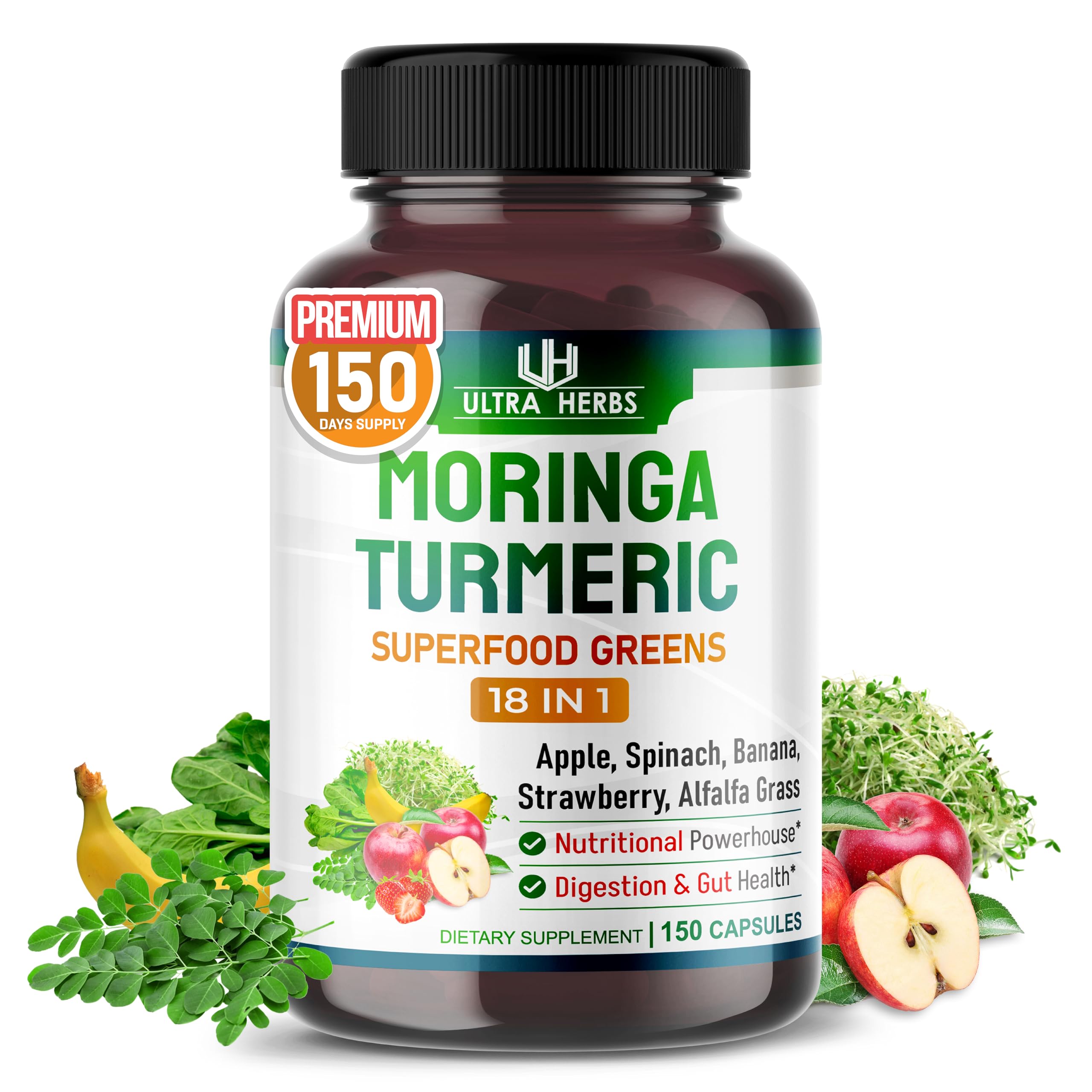 Superfood Greens 18 in 1 - with Fruits & Vegetables & Herbs -Moringa, Alfalfa, Apple, Spinatch, Banana, Strawberry- Boost Energy, Immunity and Gut