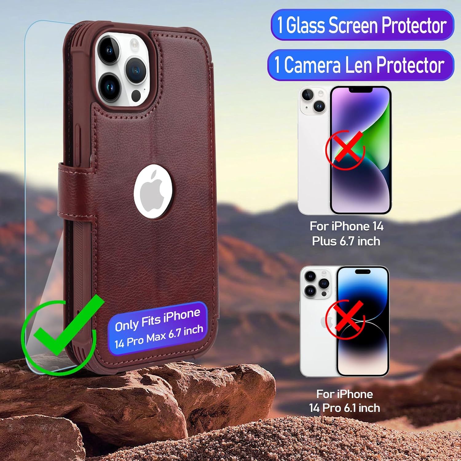 VANAVAGY Compatible for iPhone 14 Pro Max Wallet Case for Women Men, PU Leather Flip Cover with Wrist Strap for Wireless Charging with RFID Blocking Card Holder Screen Protector,Burgundy
