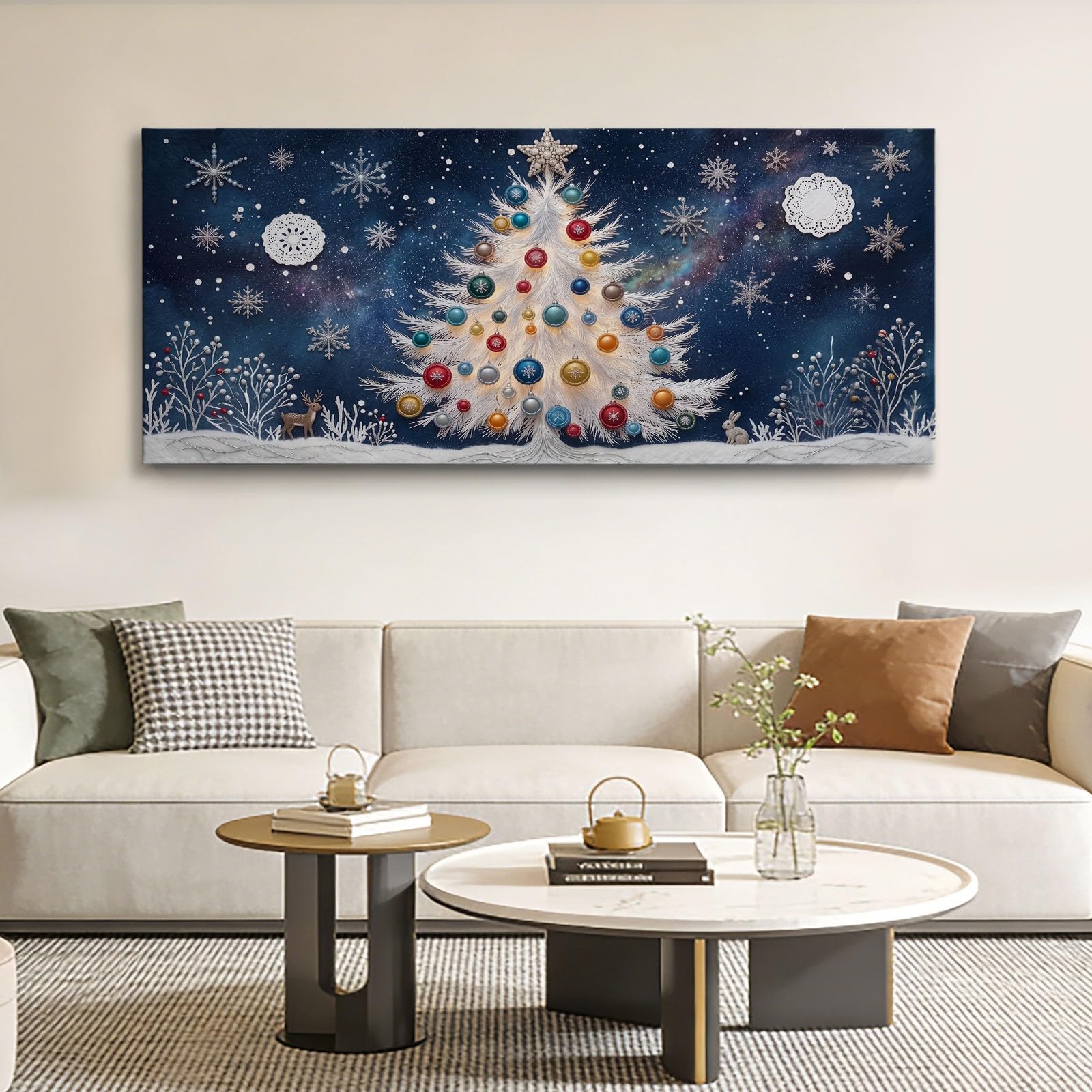 Obrazy na płótnie 140 x 70 cm, obraz na płótnie, Boże Narodzenie, duży dekoracyjny obraz ścienny, krajobraz śnieżny, płatki śniegu, sosna, druk artystyczny do salonu, sypialni, kuchni, dekoracja