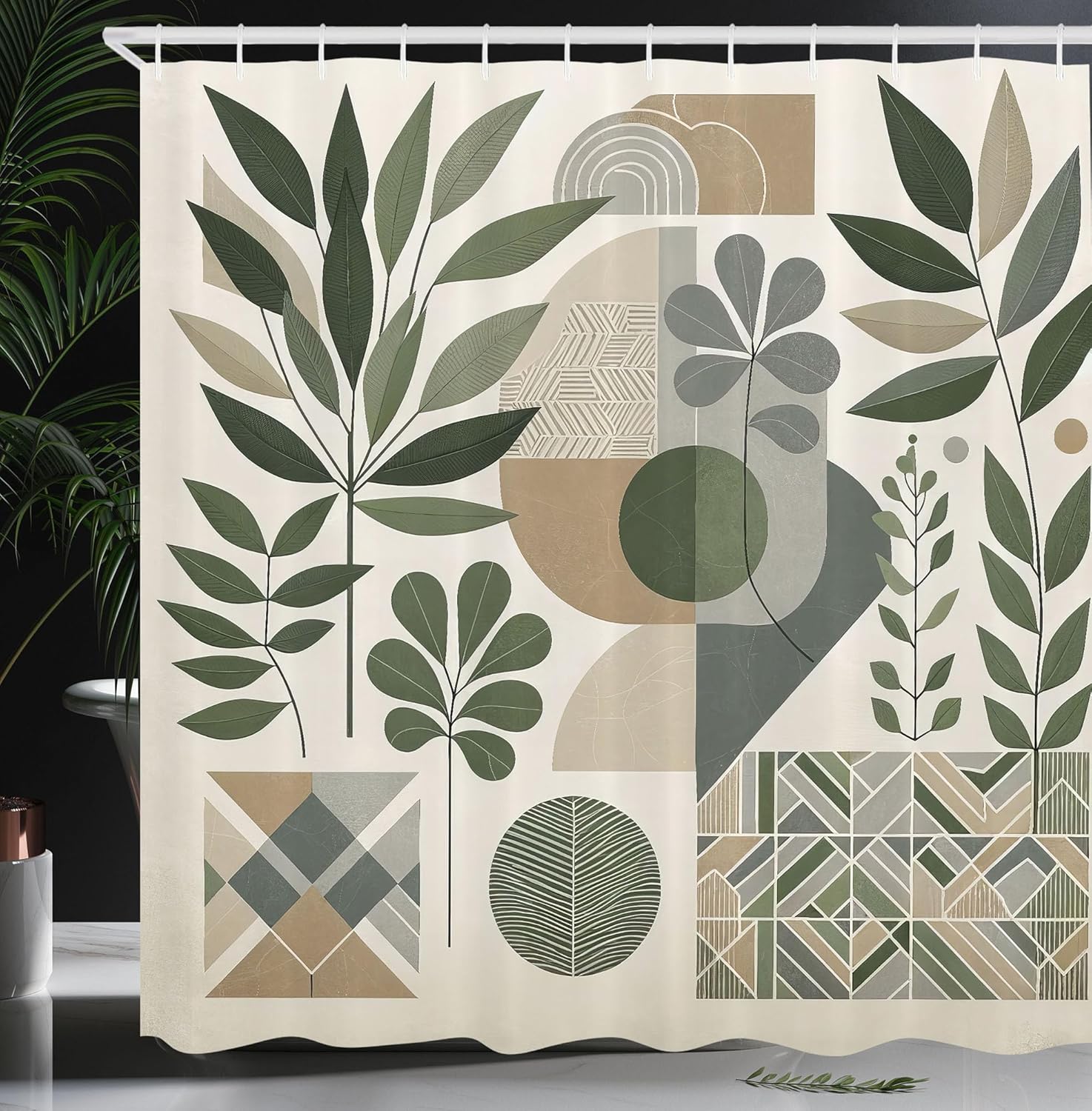 Ambesonne Monstera Shower Curtain, Boho Abstract Mid Century Nature Geometric Leaves Neutral Greenish, Cloth Fabric Bathroom Decor Set with Hooks, 69" W x 84" L, Pale Reseda Green Sepia