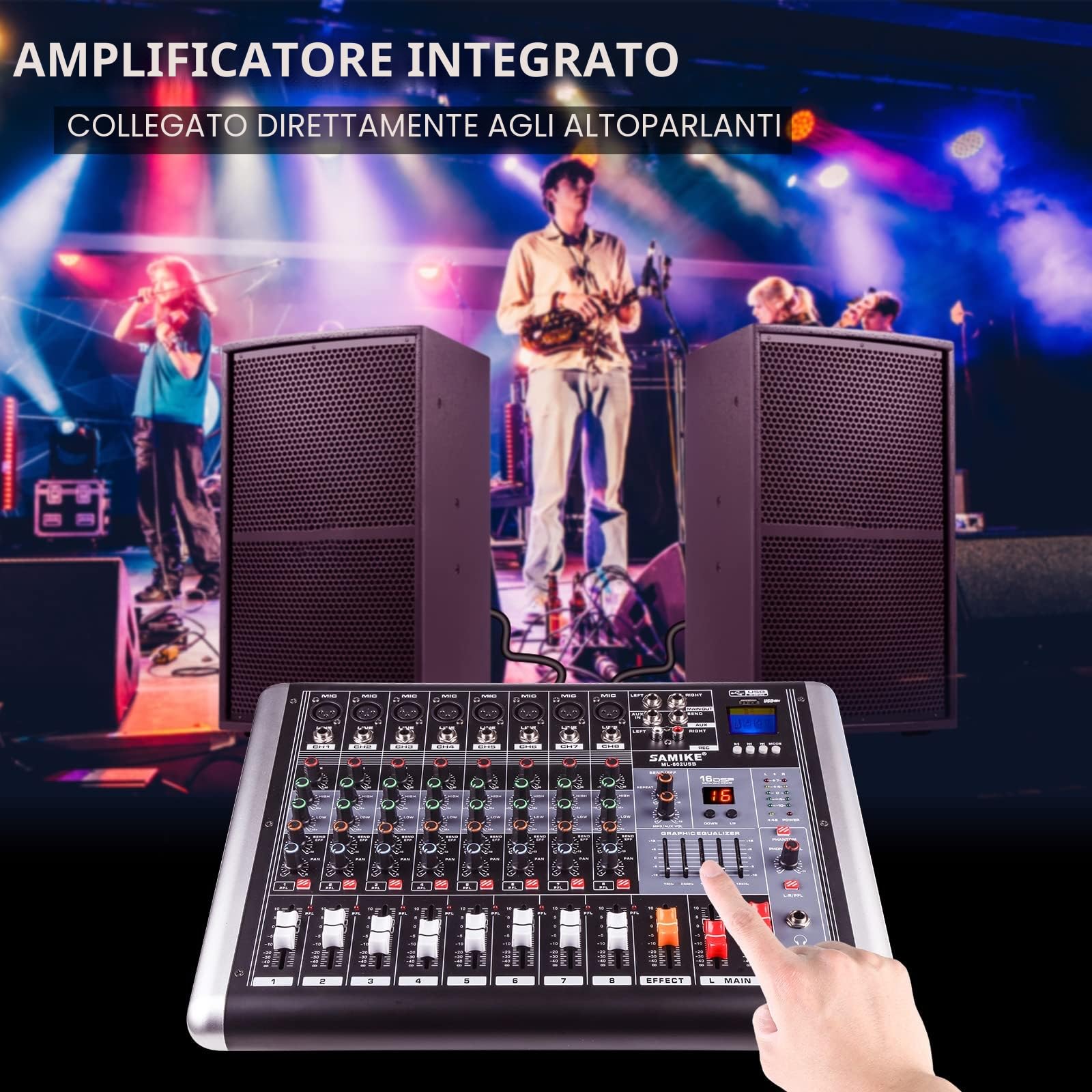 Mixer professionale 8 ohm, amplificatore di potenza a 2 canali, potenza di uscita 300 watt, ingresso microfono XLR a 8 canali, con 16 tipi di mixer per podcast musicale DSP/riverbero
