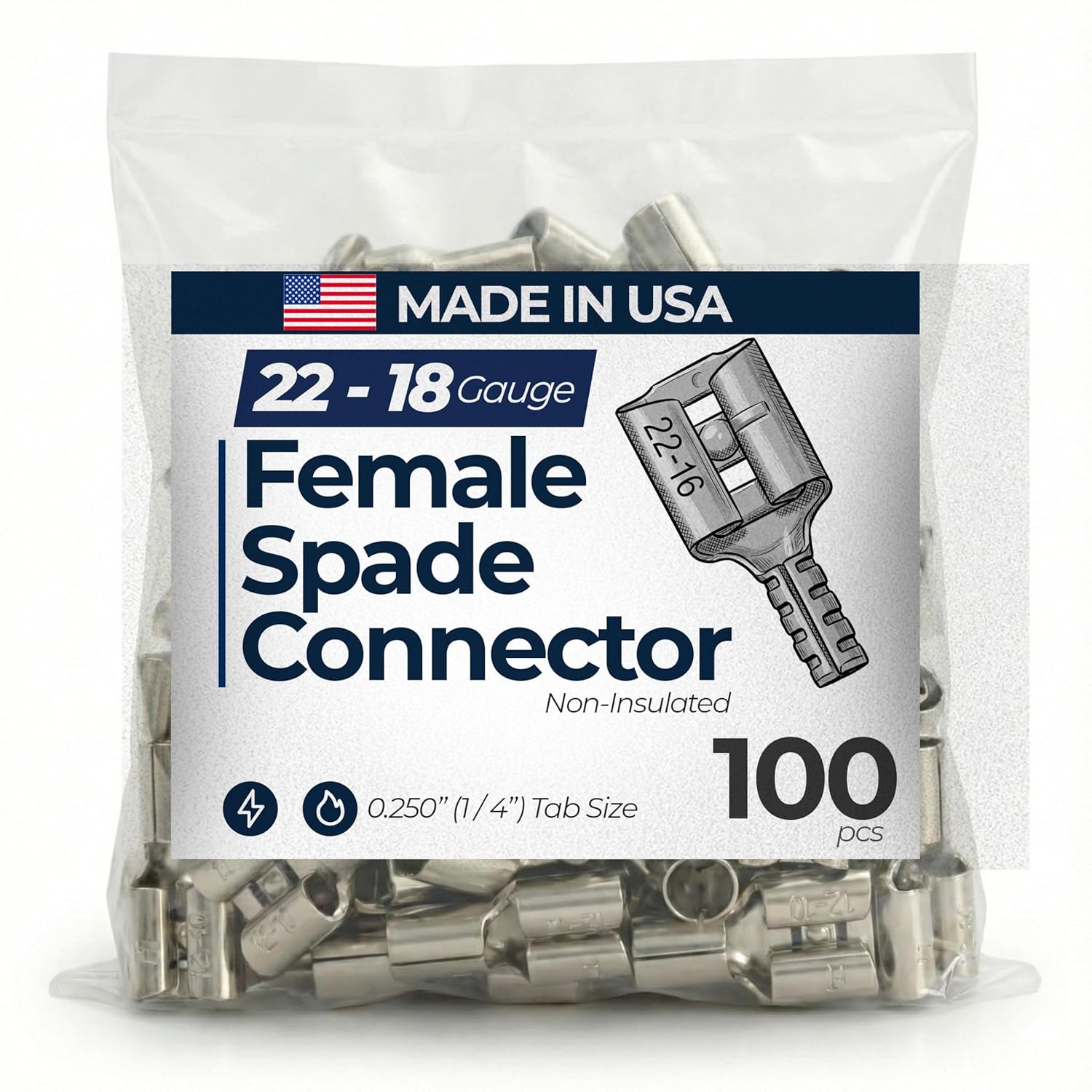 Sherco-Auto 1000 Pcs Non-Insulated 8 Gauge Female Quick Disconnect Connector - .250 1/4" Stud Wire Terminal - Brass & V-Grooves Serrations for Strong Crimps & Corrosion Resistance - Made in USA
