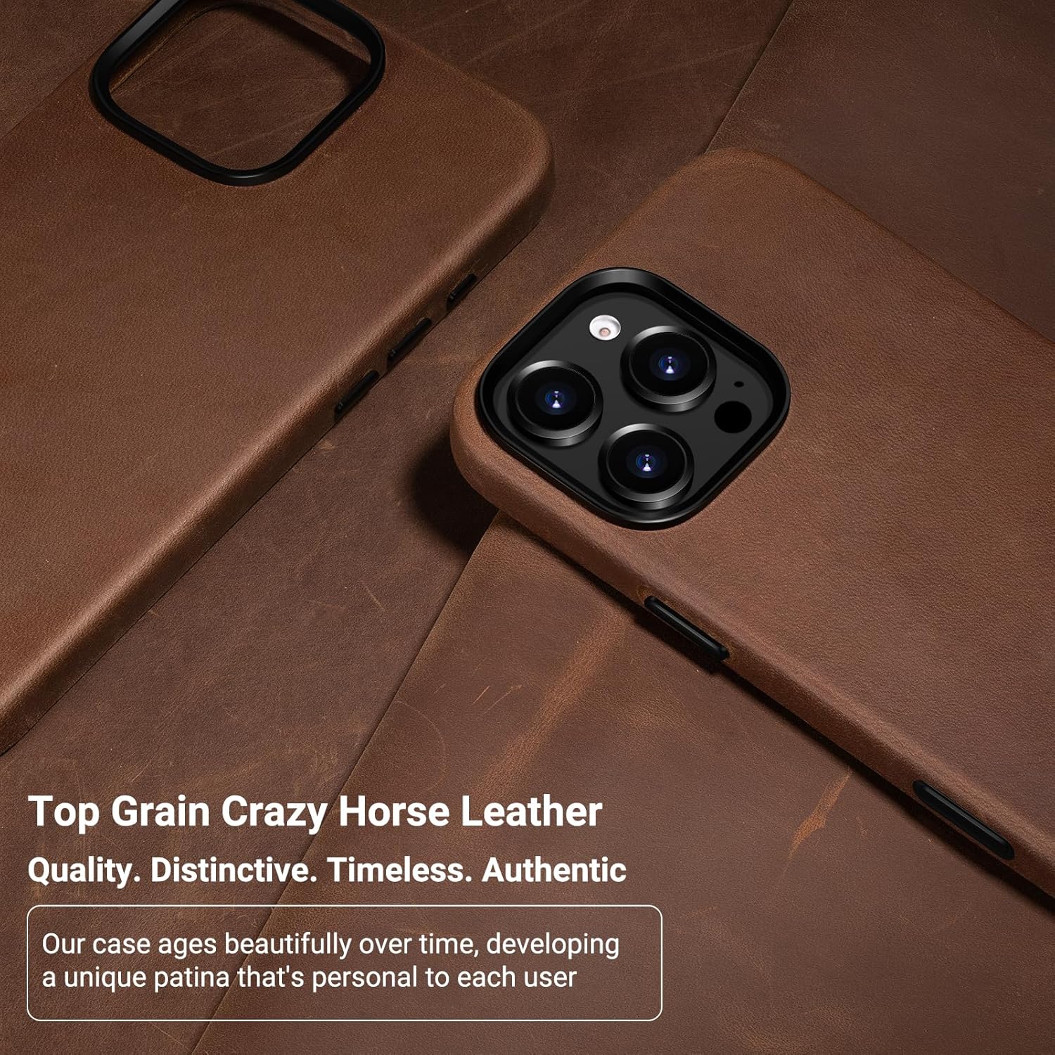 Belemay Leather Case for iPhone 16 Pro, Compatible with MagSafe [Camera Control Button] [Vintage Aesthetic] Premium Crazy Horse Leather, Unique Patina, Comfort Grip, Metal Buttons (6.3") Classic Brown - Image 2