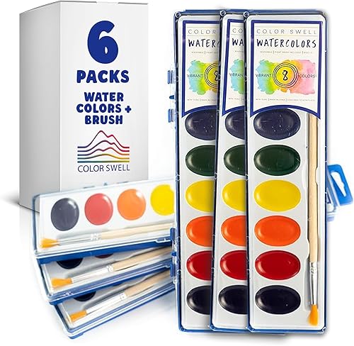Color Swell Paquete de 6 pinturas de acuarela a granel con pinceles de madera, 8 colores, colores de agua lavables, ideal para niños, fiestas,