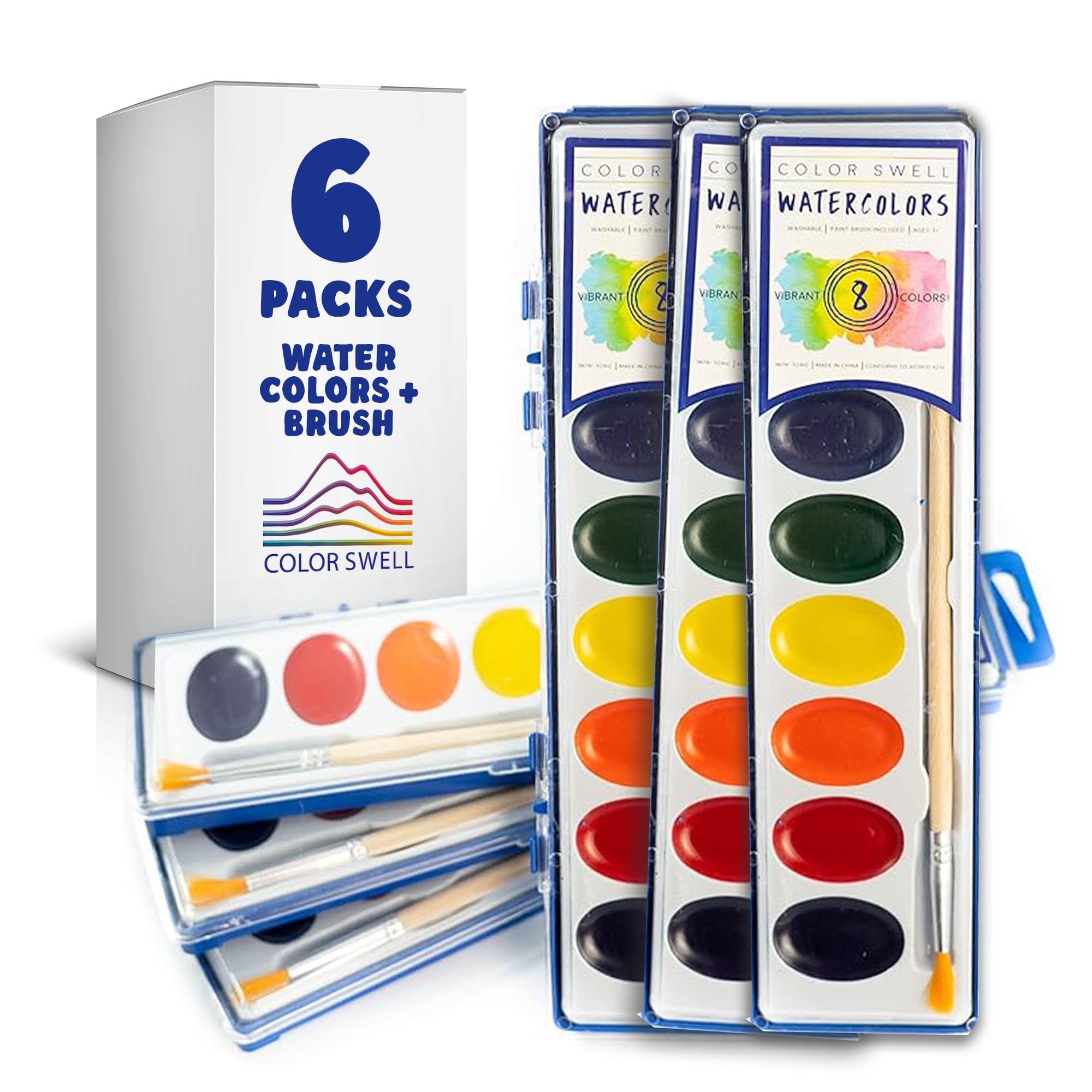 – 6 Set Watercolour Paint Pack with Wood Brushes 8 Colours Washable Water Colours Perfect for Kids Adults Parties Students Classroom Bulk by Color Swell