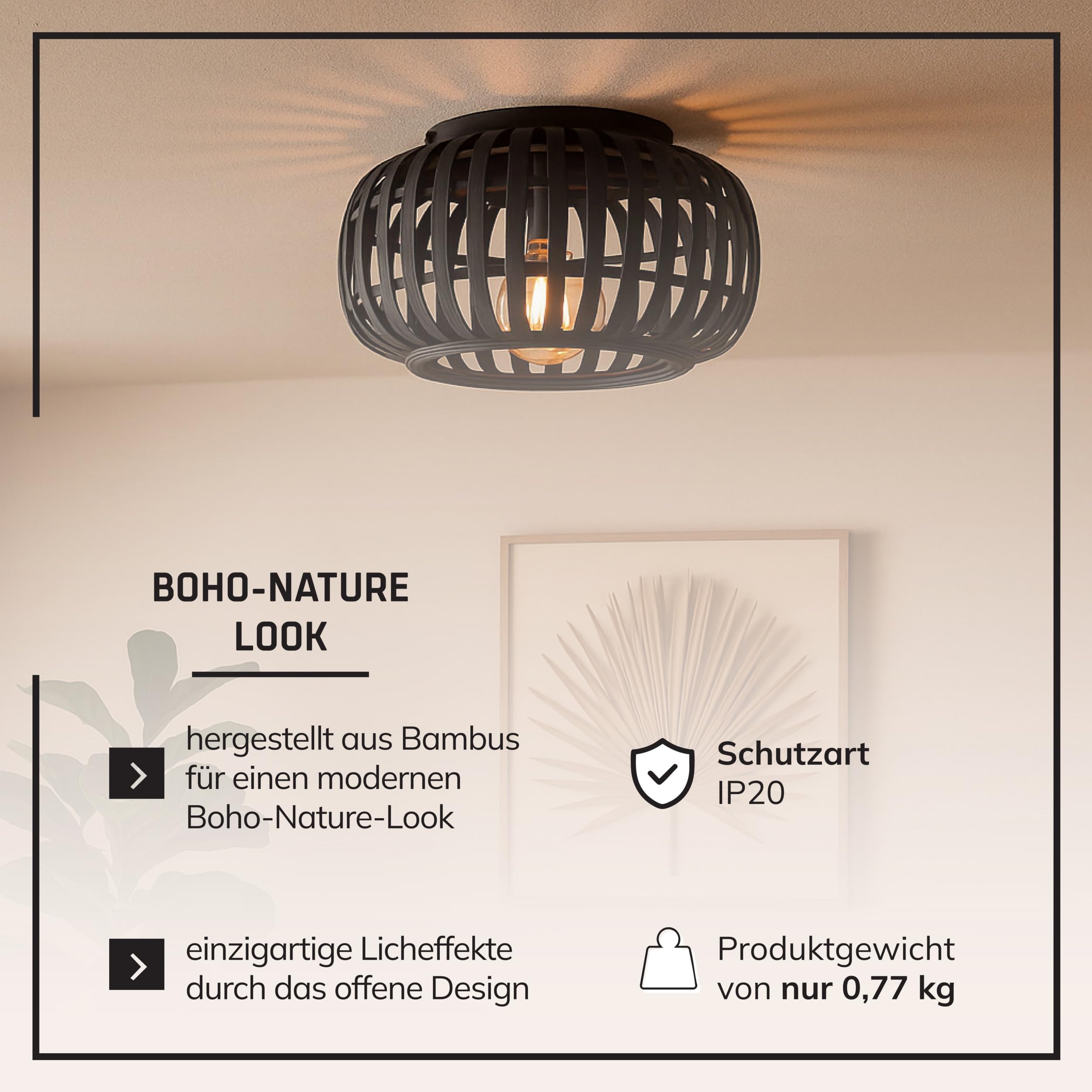 Lightbox Bambus Deckenlampe - runde Deckenleuchte Ø 32 cm mit natürlichem Schirm - Boho Lampe für Wohnzimmer, Schlafzimmer & Flur - E27 Fassung exkl. LED