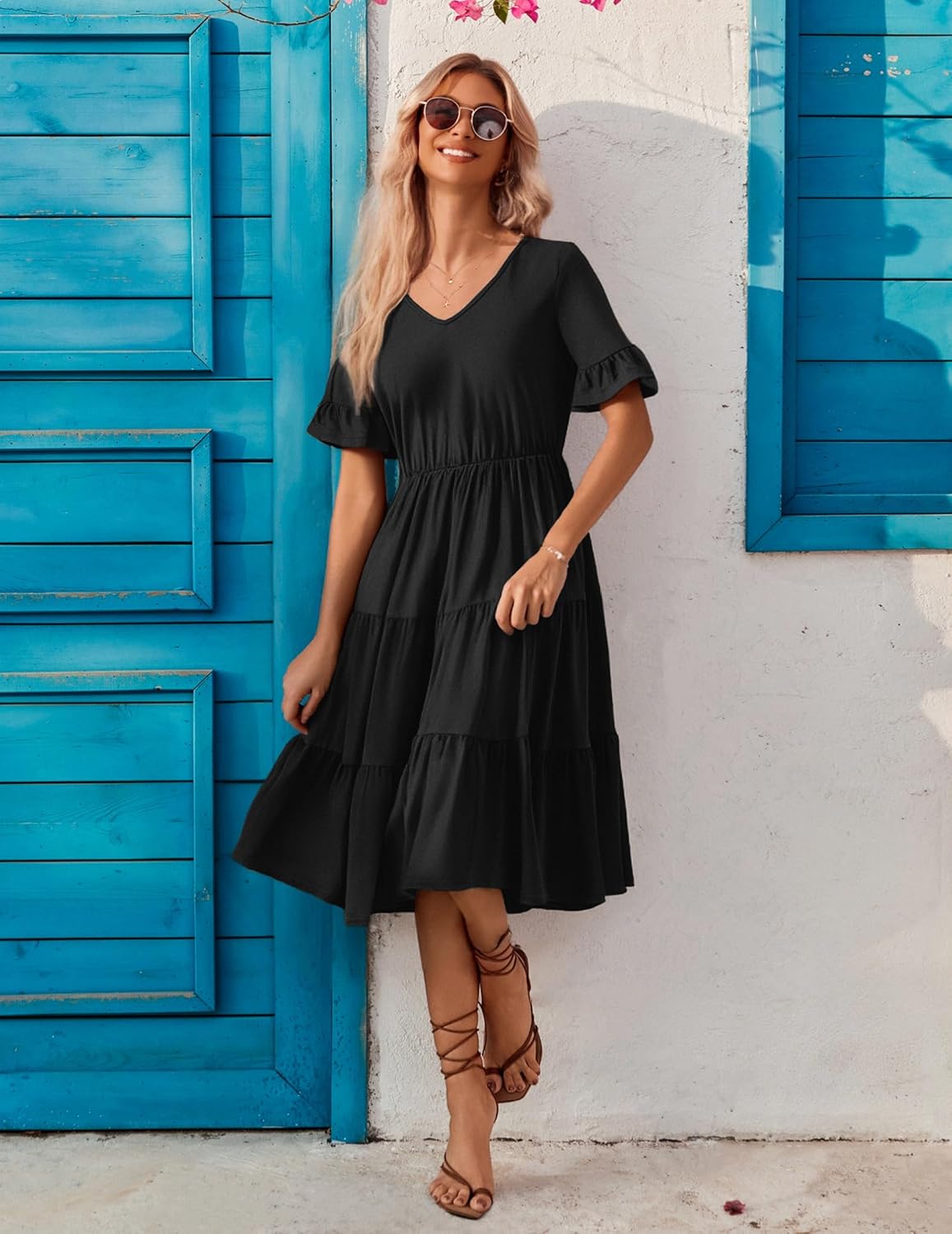 ZEAGOO Women's Summer Dresses Midi Tiered Casual Dress Floral V Neck Ruffle Short Sleeve Flowy Beach Dress with Pockets - Image 5