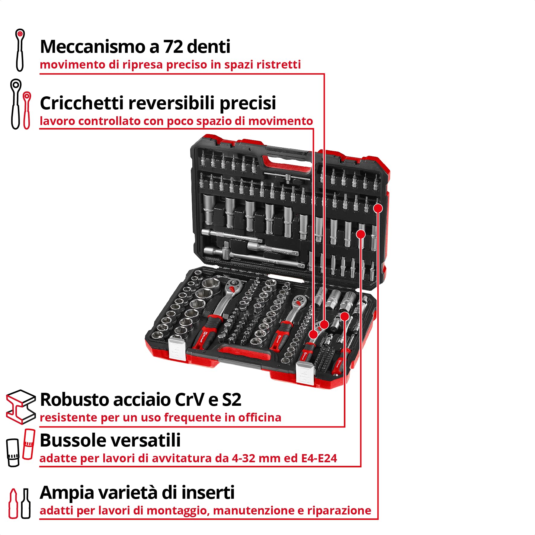 Einhell 181 pezzi set di bussole e cricchetto | Set di bussole | cricchetti | assortimento di inserti | impugnatura per cacciavite | chiavi esagonali | valigetta inclusa