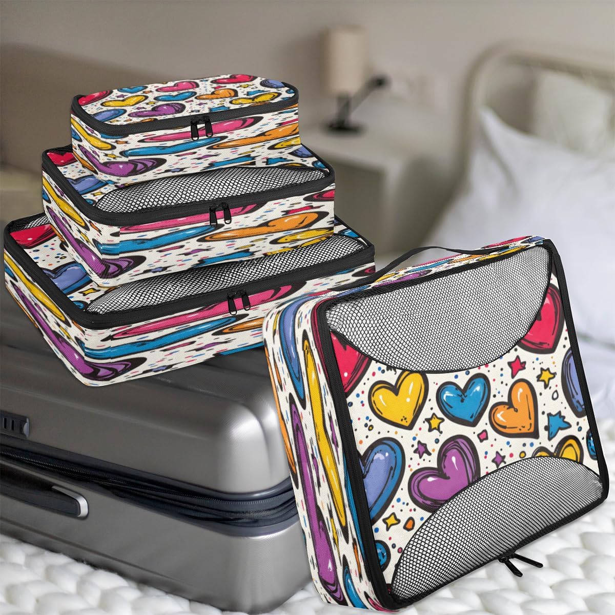 Colorful Heart Star Print 4 Set Packing Cubes Packing Cubes for Women Lightweight Travel Essential Bag Clothes Carry on Suitcase Bags for Accessories Essentials