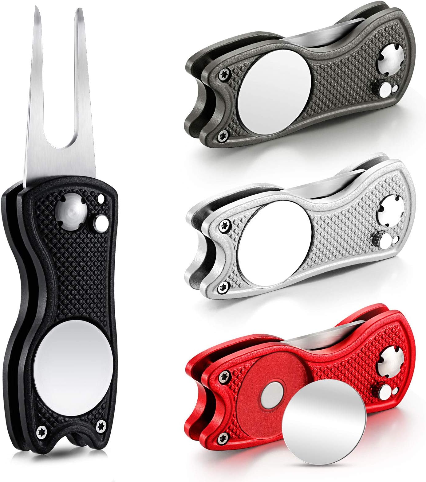 Skylety 4 Pcs Golf Divot Repair Tool Metal Foldable Golf Divot Tool with Magnetic Pop-up Button Ball Marker Stainless Steel Switchblade for Golfers Prizes