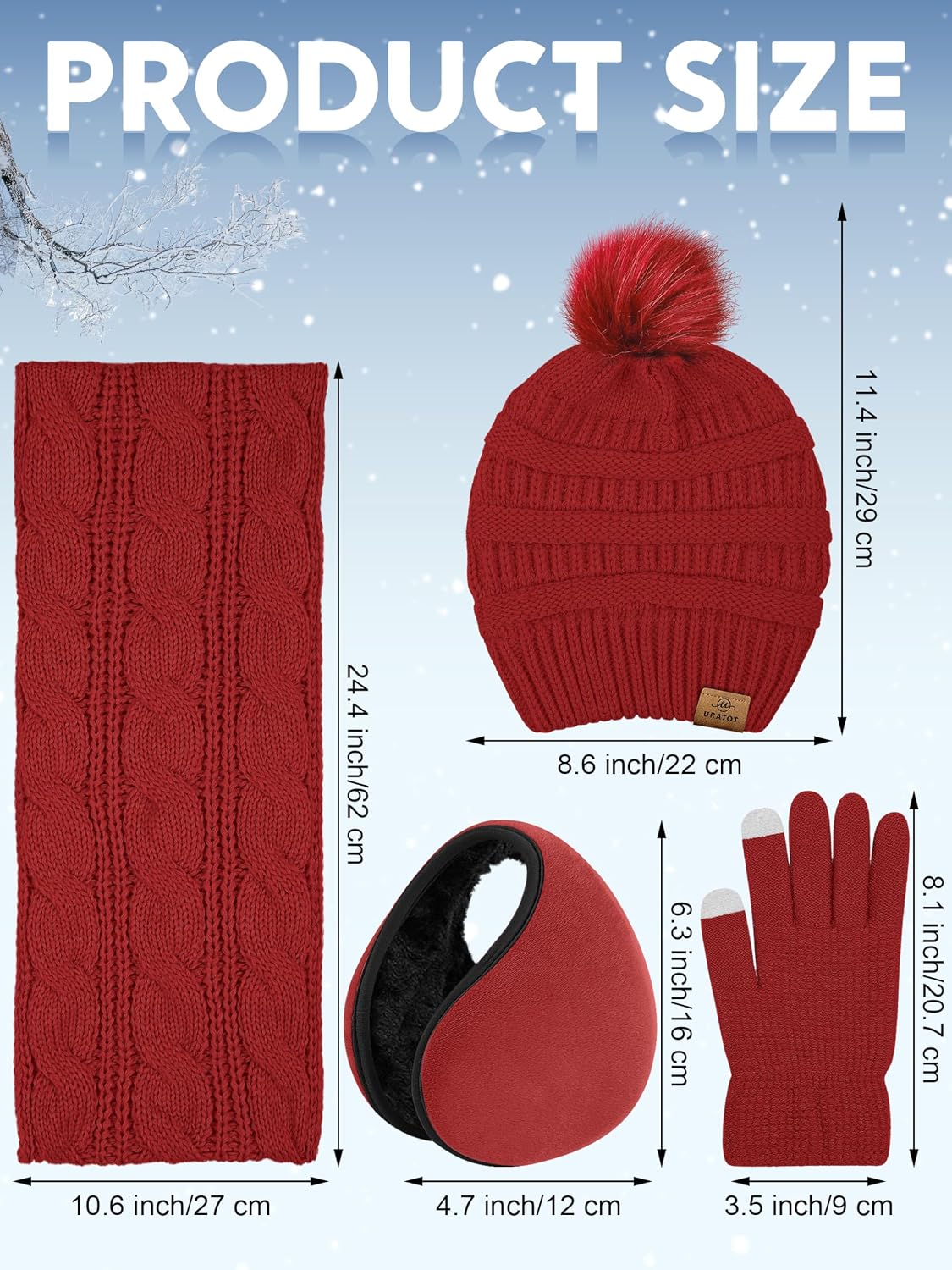 URATOT Winter Warm Sets Knitted Scarf Beanie Pompom Hat Touch Screen Gloves and Winter Ear Warmer Set for Men or Women image 2