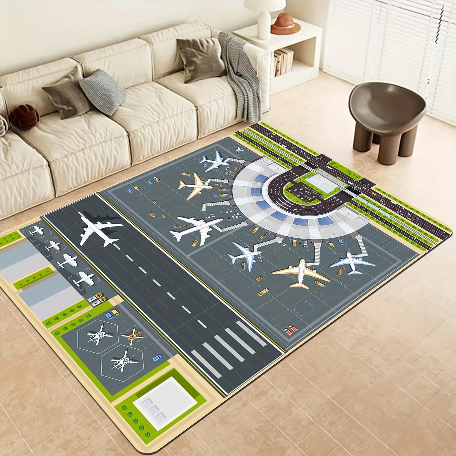 Bycmuoz Airport Rug for Playroom, 60x110cm, Aircraft Takeoff Runway Terminal Bedroom Carpets, with Non Slip Backing Soft Large Rugs, Low Pile Rubber Backed Non Slip Mat for Indoor Entry
