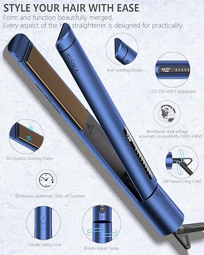 Miniatura 7 de KUSNCA Plancha plana profesional de titanio, alisador de pelo y rizador 2 en 1, alisado de iones negativos, paquete de viaje de doble voltaje,