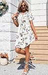 MISFAY Robe d'été pour femmes Manche courte en col V Mini Robe avec Pocket.Conception de bouton fonctionnelle,Tranche réglable,Poches pratiques, Robe de T-shirt