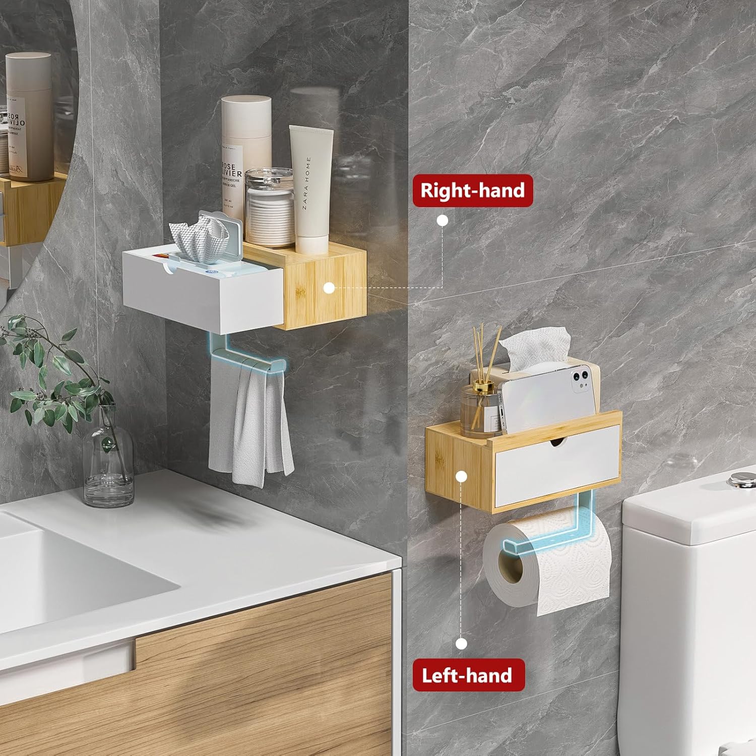 Domax Standard 8.46" Bamboo Toilet Paper Holder with Shelf and Storage Drawer - Wall Mount or Adhesive Bathroom Organizer for Tampons, Cotton Swabs, Wipes or More, White+Nature
