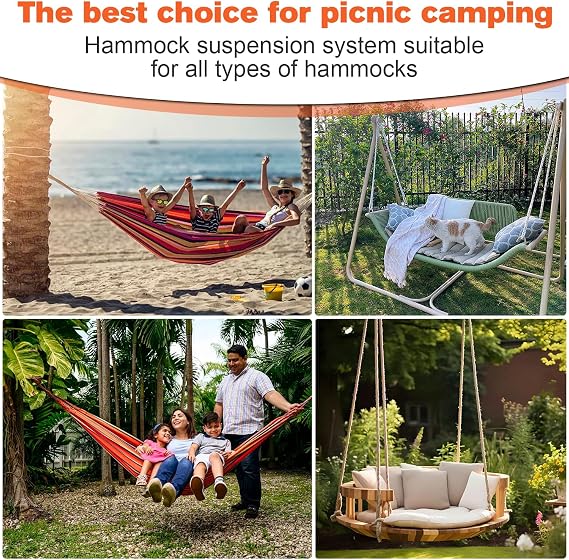 Pack of 2 Hammock Attachment 2 m x 2.5 cm Hammock Suspension Straps with 2 Heavy Duty Carabiners Swing Attachment Rope for Hammock with 6 Loops for Camping Outdoor Hiking