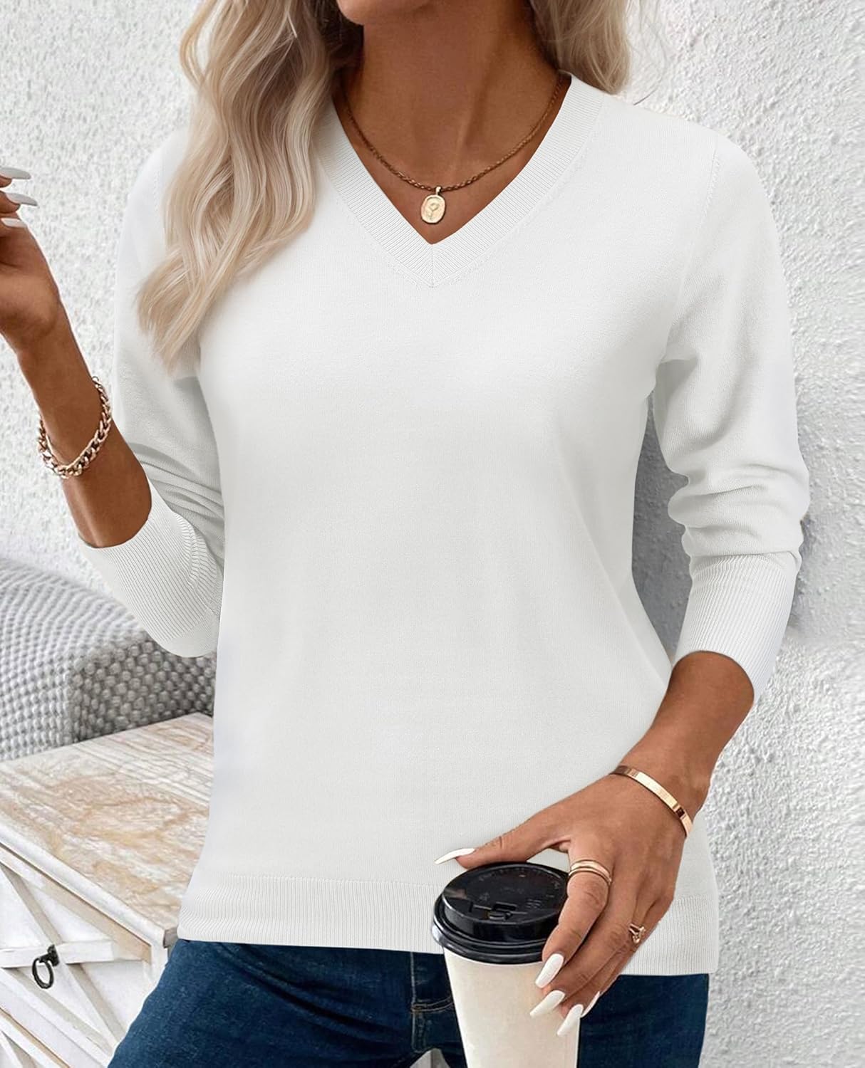 Women's Spring Sweaters 2026 Casual Long Sleeve Pullover V Neck Lightweight Sweatshirts Cute Blouse Tops - Image 2