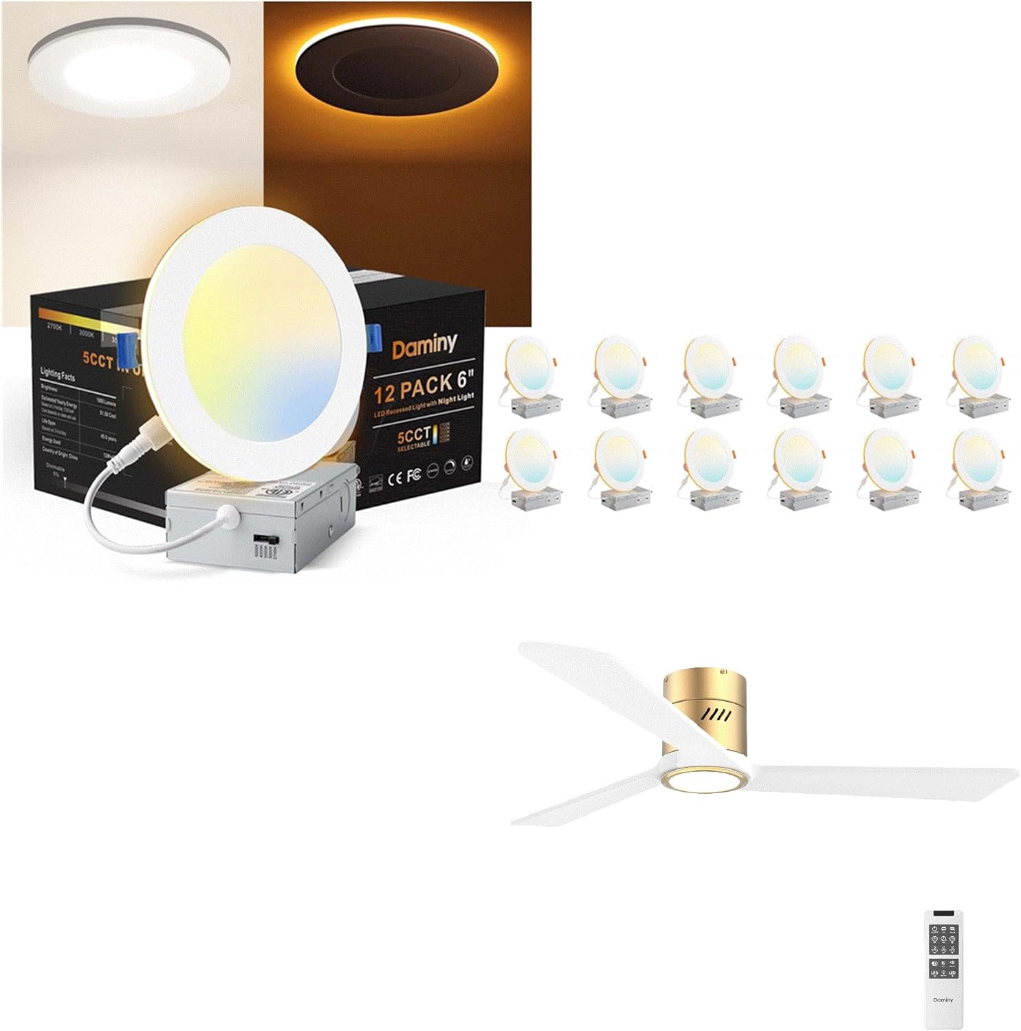 DAMINY 12 Pack 6 Inch 5CCT Led Recessed Light with Night Light and 52 Inch Natural Solid Wood White and Gold Ceiling Fan with Light and Remote Control
