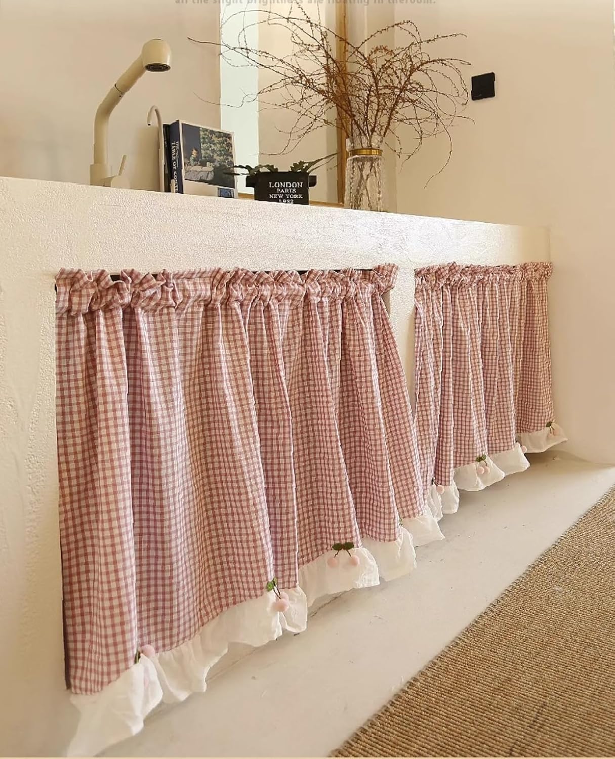 Pink Buffalo Plaid Check Kitchen Curtain with Cherry Short Small Window Gingham Curtain for Cafe Bathroom Short Curtain 135(W) x70cm(H) 53.15(W) X27.55INCH(H)