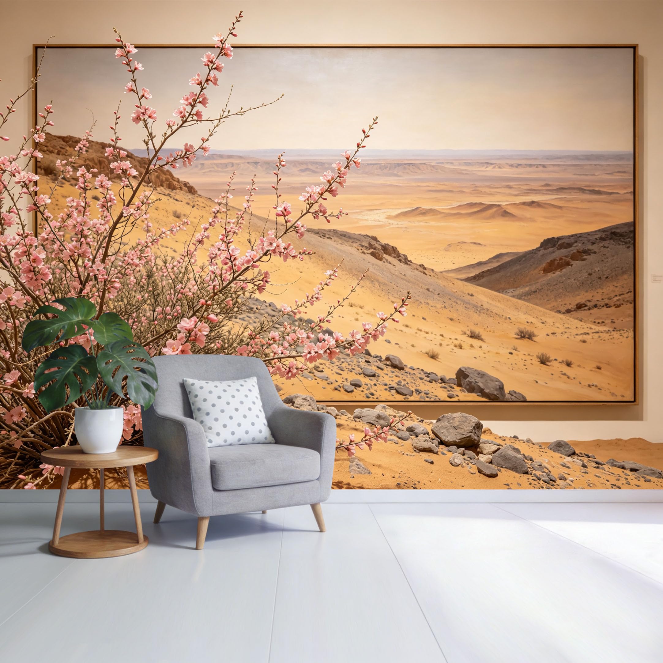 Custom Size Wall Mural Desert Landscape with Blooming Pink Flowers Mountain View Botanical Natural Scenery SelfAdhesive Wall Fabric Removable Wallpaper for Home Office Decor