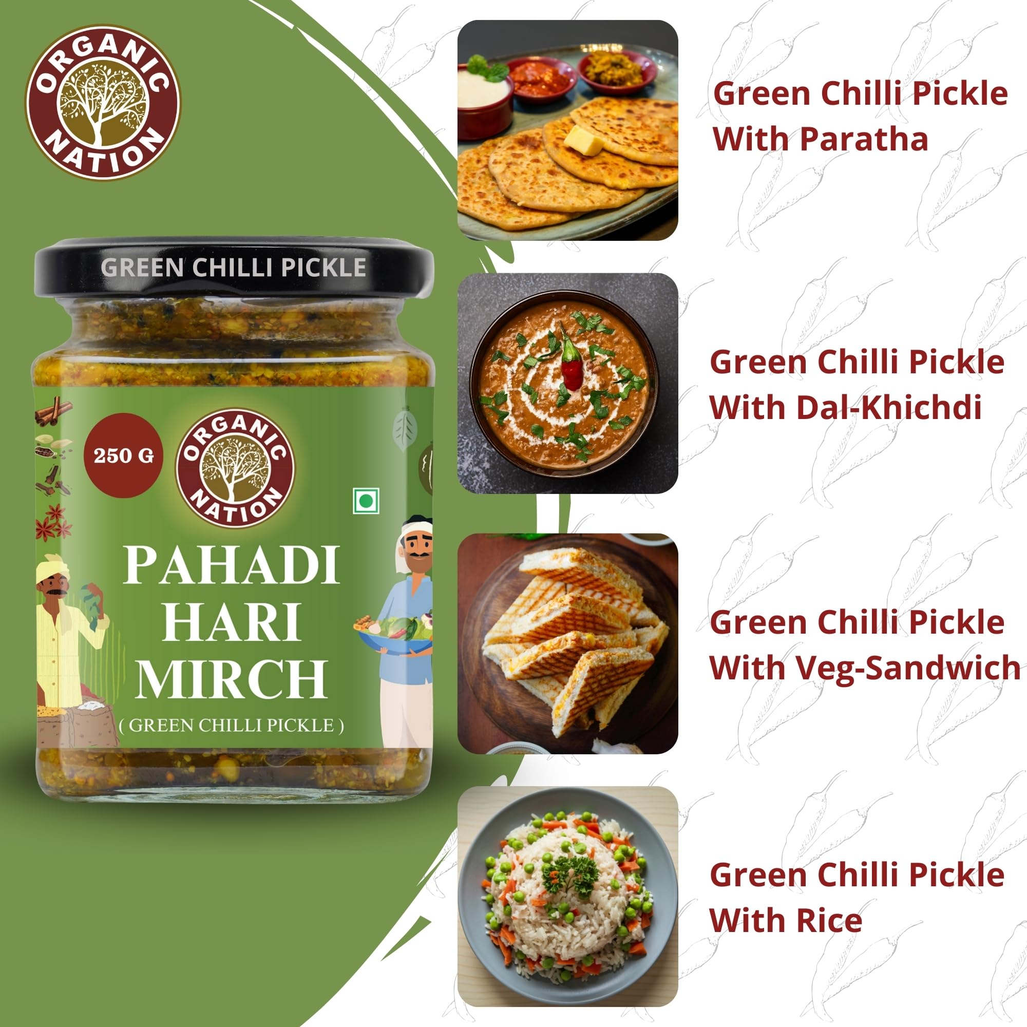 ORGANIC NATION Green Chilli Pickle, Pahadi Hari Mirch Achar Masala Flavors, Deliciously Spicy and Tangy, 250g Jar, Perfect for Enhancing Meals, No Preservatives Vibrant Green Color 1