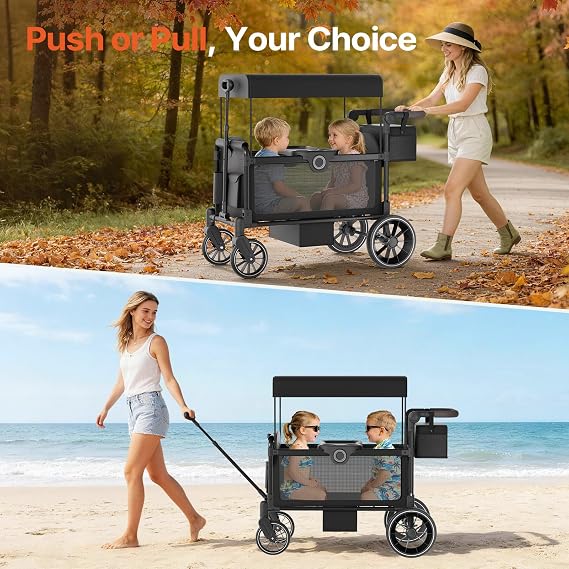 BIERUM Stroller Wagon for 2 Kids with Side Entry & 5-Point Safety, 5-in-1 Multi-Mode All-Terrain Foldable Cart with Adjustable Push/Pull Handle, Removable Canopy & Organizer for Beach, Camping, Black