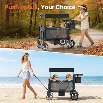 BIERUM Stroller Wagon for 2 Kids with Side Entry & 5-Point Safety, 5-in-1 Multi-Mode All-Terrain Foldable Cart with Adjustable Push/Pull Handle, Removable Canopy & Organizer for Beach, Camping, Black