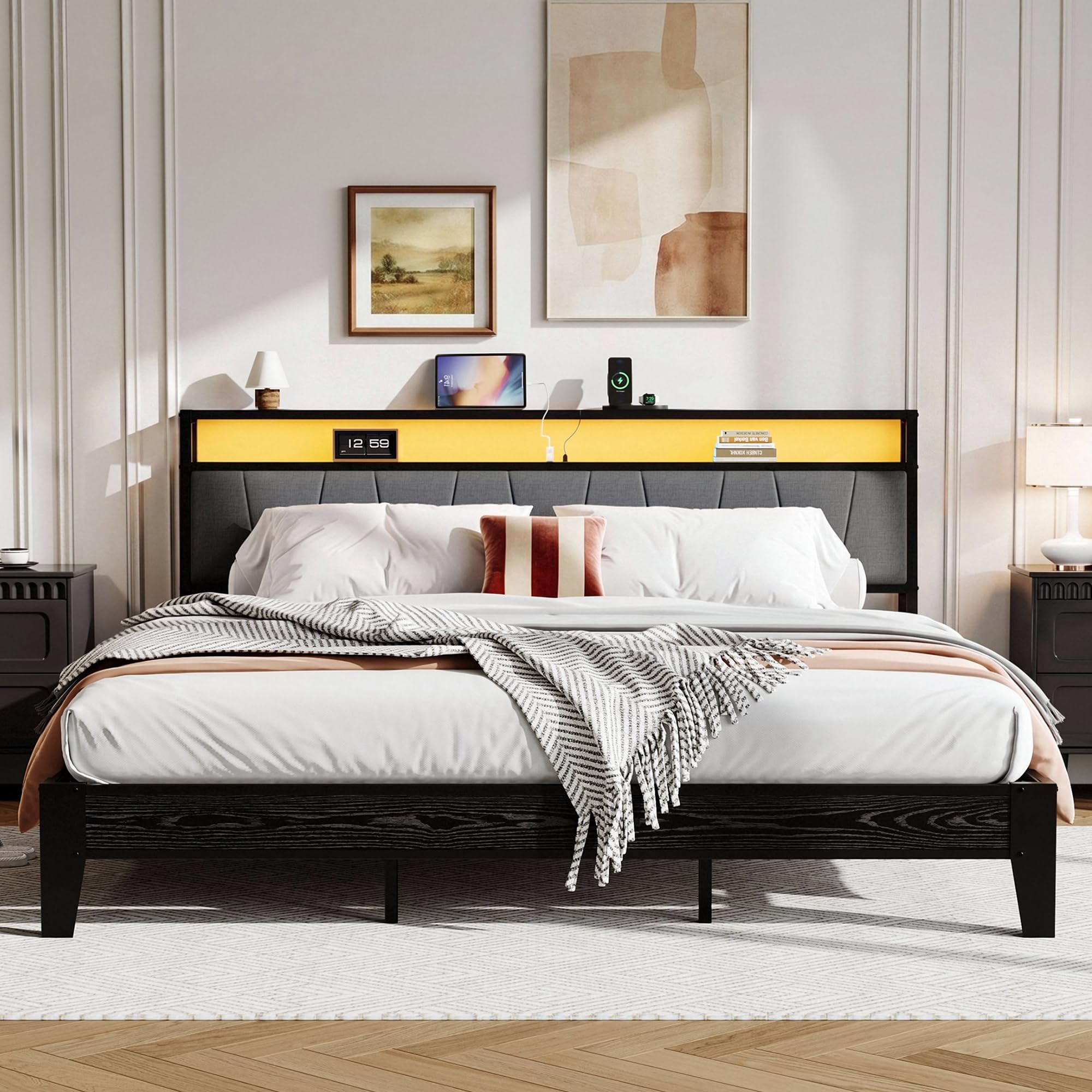 IRONCK Super King Bed Frame with LED Lights and Charging Station, 2 AC Outlets, 1 USB‑A, 1 USB‑C Port, 180x200 cm Stable Metal Bed Frame with Storage Shelf Upholstered Headboard, Easy Assembly, Black