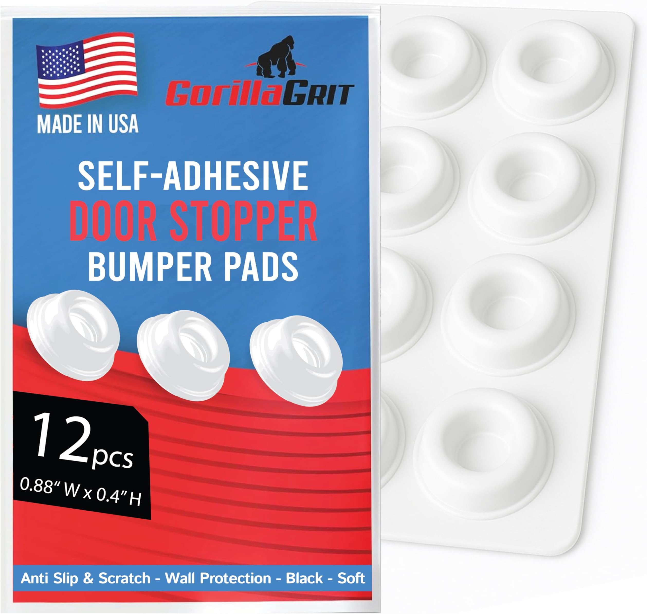 Small White Door Knob Bumpers - Made in USA - Self-Adhesive Door Handle Stoppers Wall Protectors, Rubber Feet for Speakers, Electronics, Furniture - 12 pcs
