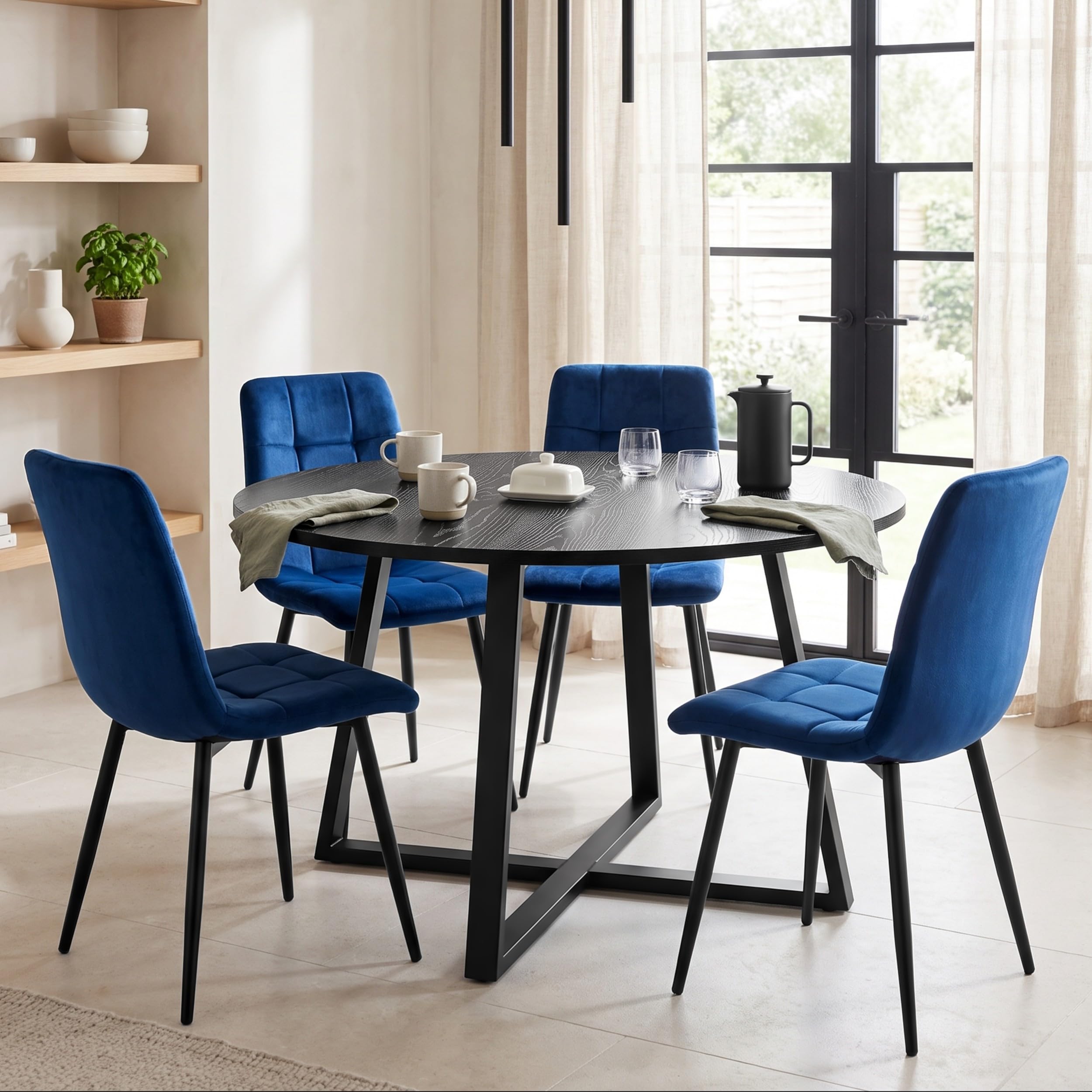 Blisswood Dining Table Set for 4, 110cm Round Kitchen Table with Premium Velvet Chairs, Modern 4 Seater Dining Table & Chairs, Space Saving Dining Room Furniture, Metal Frame, Black Oak & Blue Chairs