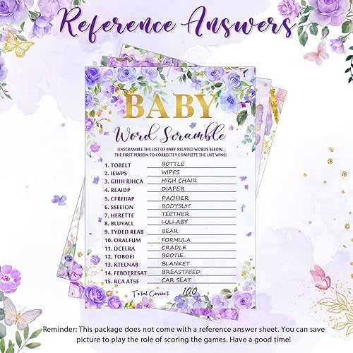 Miniatura 5 de Nuanchu Juego de 145 piezas con temática de mariposas para baby shower, 25 hojas cada una con 20 lápices, bingo de baby shower, adivina quién,