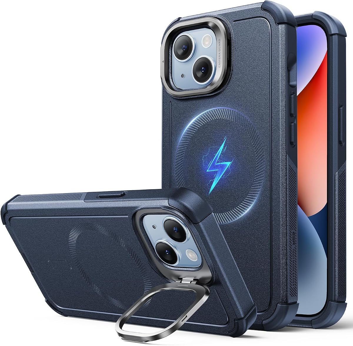 para iPhone 14/13 Case Flex Stand, para MagSafe, resistente, azul | Protección contra caídas de grado militar 7X, funda magnética para teléfono, cubierta resistente que absorbe los golpes, cubierta de puerto a prueba de polvo, agarre seguro