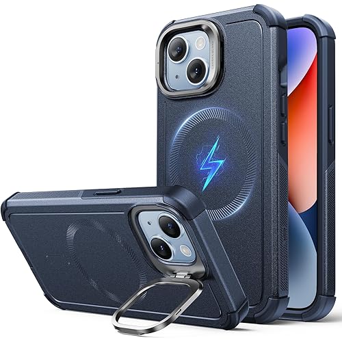ESR for iPhone 13 and iPhone 14 Case with Stand, 23 ft Military-Grade Drop Protection Heavy Duty Magnetic Phone Case, Compatible with MagSafe Accessories, Cyber Series, Blue
