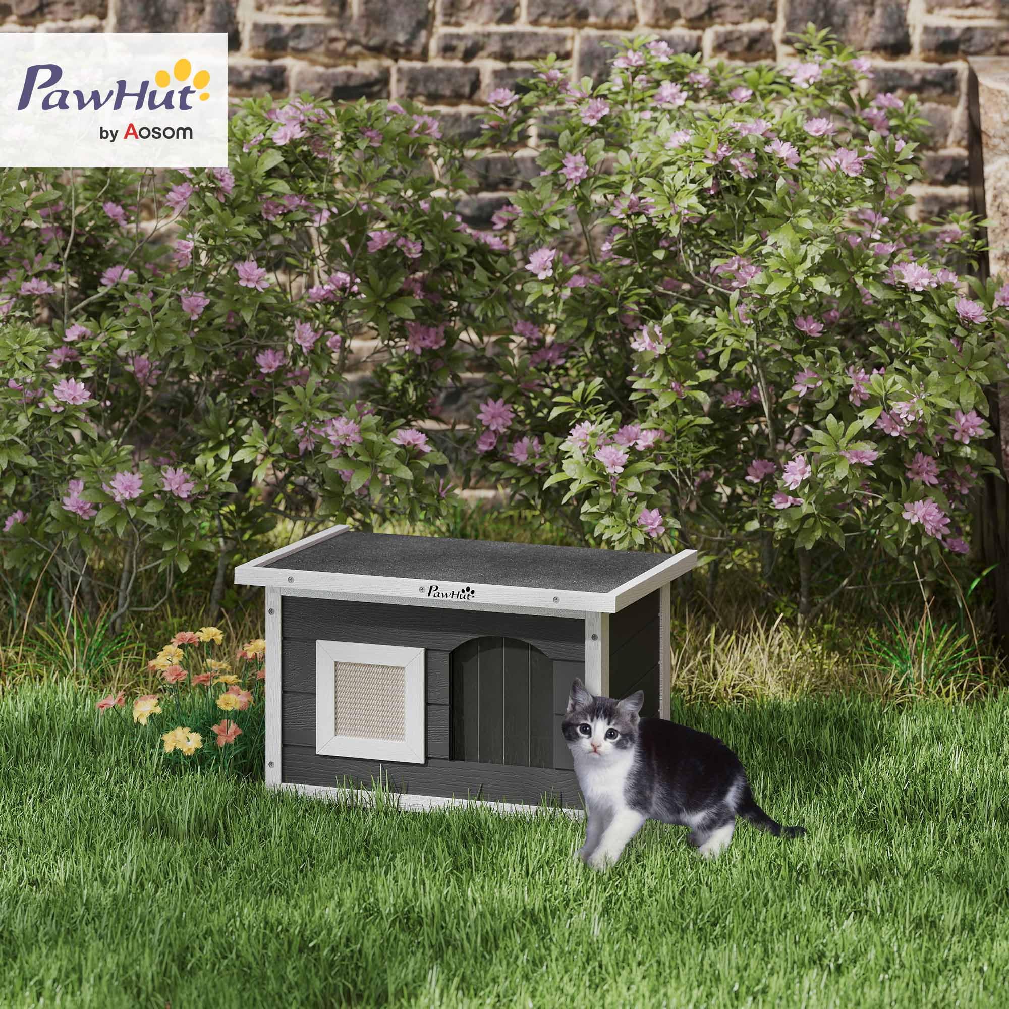 PawHut Casetta per gatti in legno, impermeabile, con tetto pieghevole per asfalto, tappetino estraibile, per gatti, per esterni, giardino, 61 x 45 x 36,5 cm, grigio