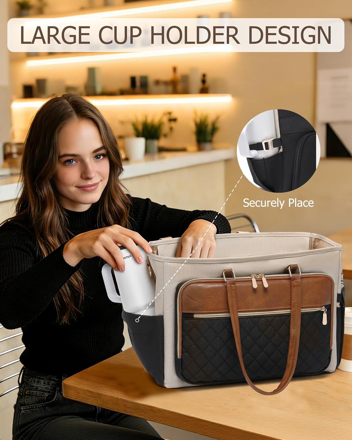 Lunch Tote Bag with 15.6" Laptop Compartment, Quilted Laptop Work Bag with Insulated Compartment 2 Cup Holders for Teacher Nurse Daily Travel