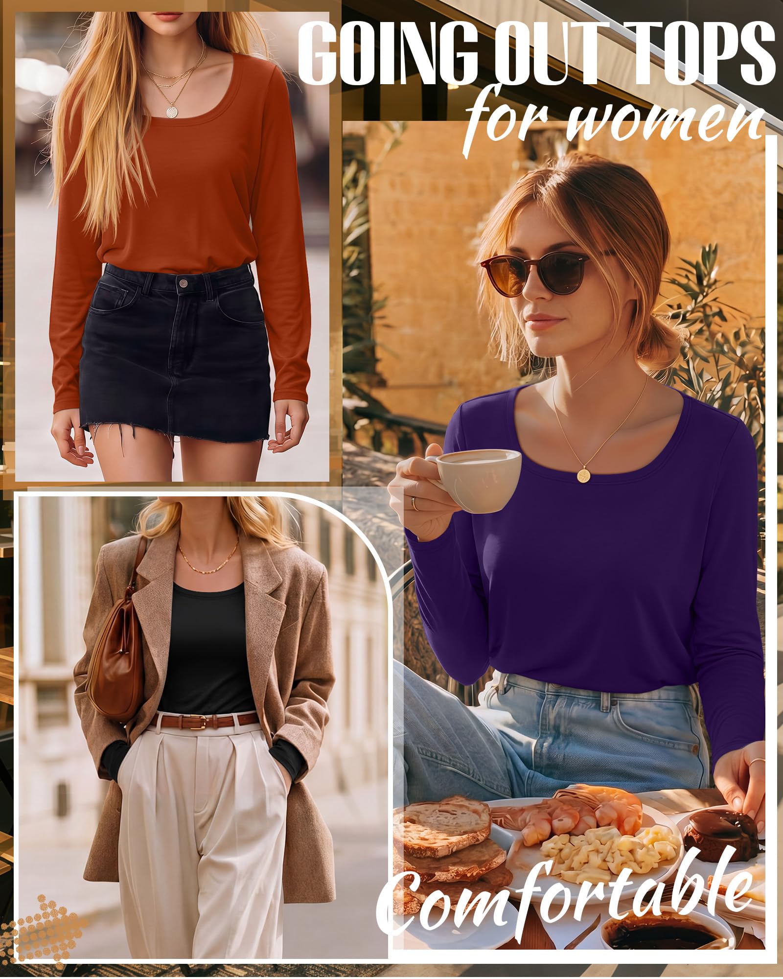 Neer Lot de 3 hauts à manches longues et col rond pour femme, coupe ample, décontracté, pour l'automne