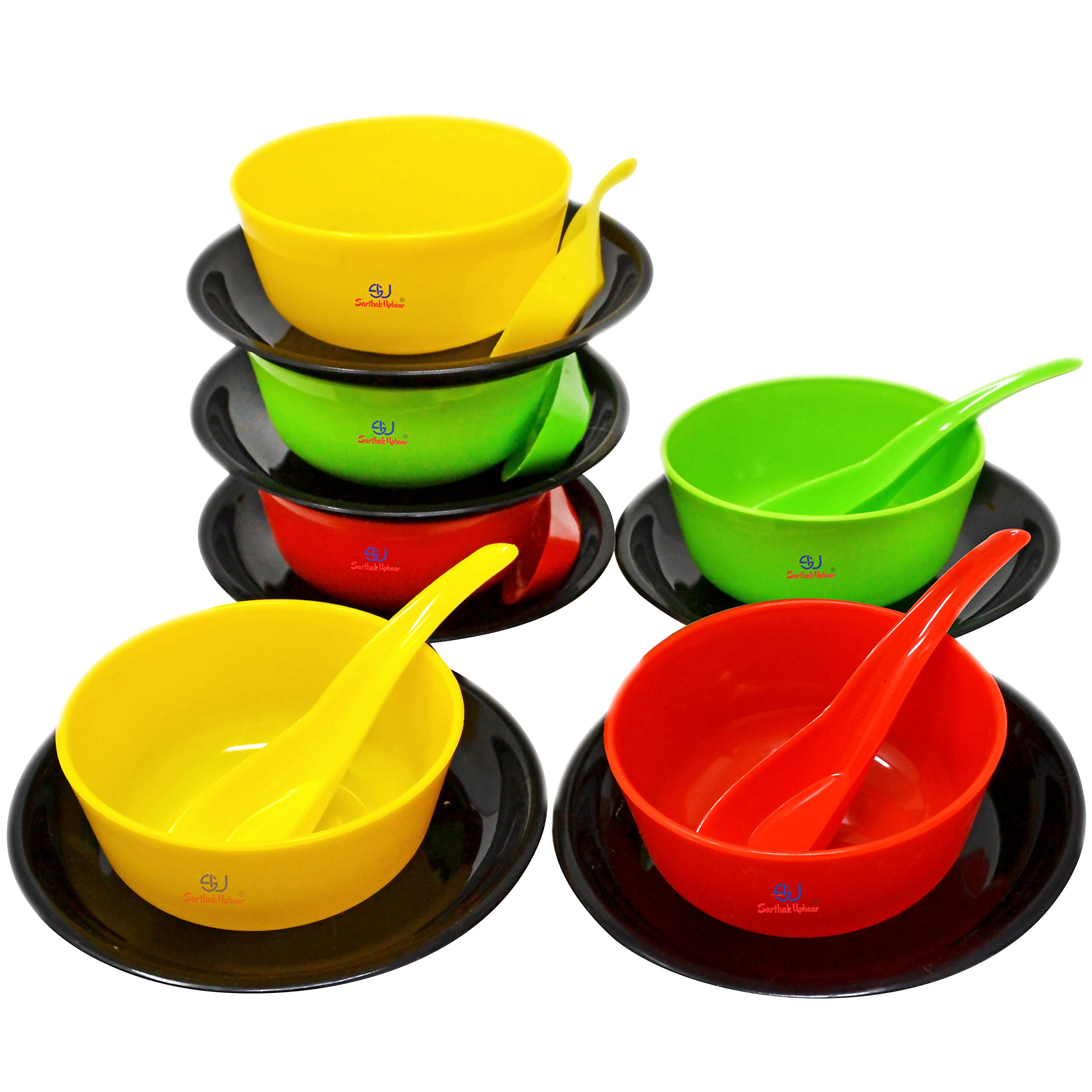 Sarthak Uphaar Plastic Solid Bowl, Spoon, Plates - 280ml, Set of 18, Multicolor