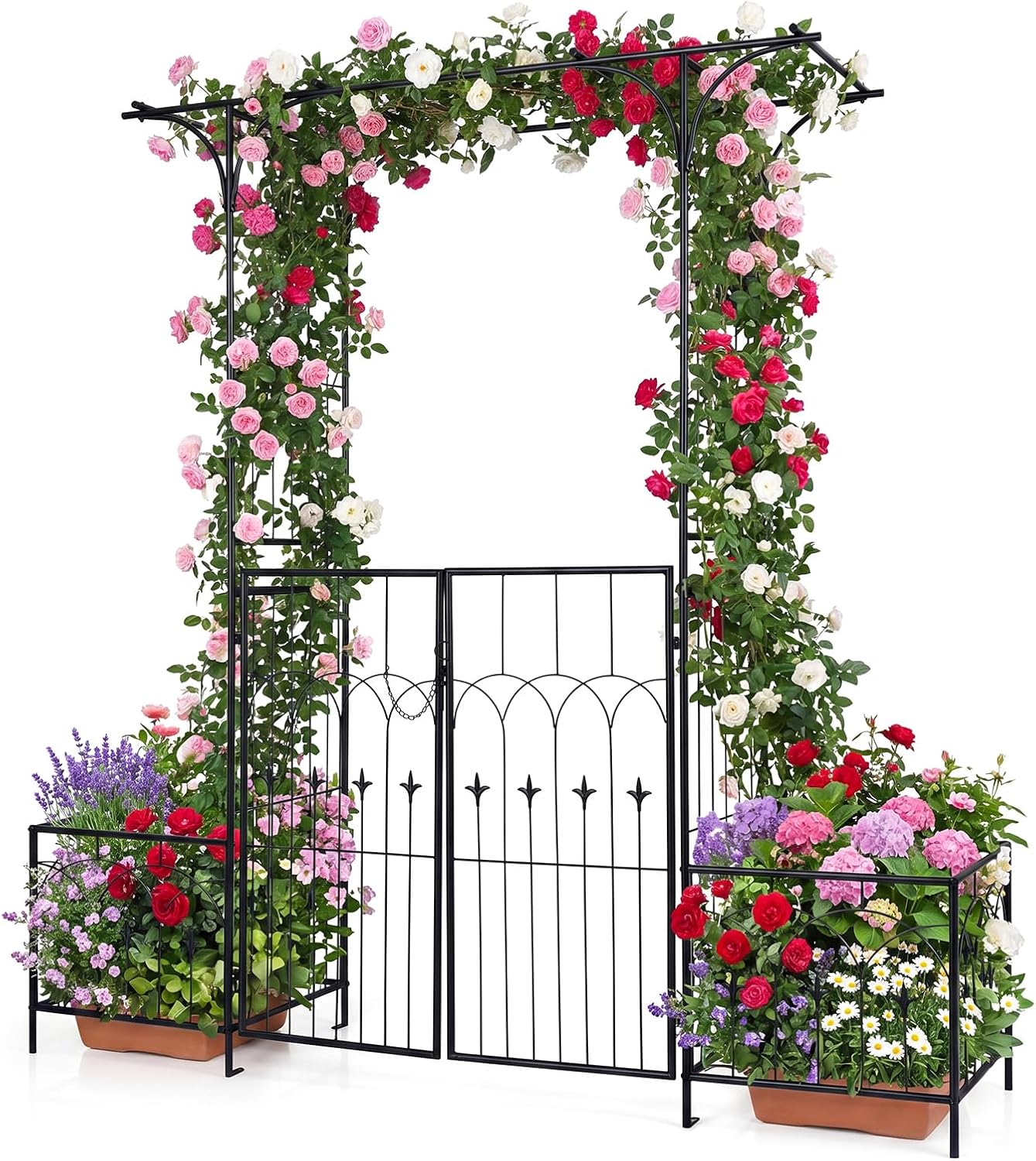 Giantex Garden Arbor with Gate and Planter, 79" W x 81" H Metal Arch Trellis with Double Doors, Outdoor Archway for Climbing Plants, Weddings, Backyard, Patio, Lawn, Ceremony Party Decoration
