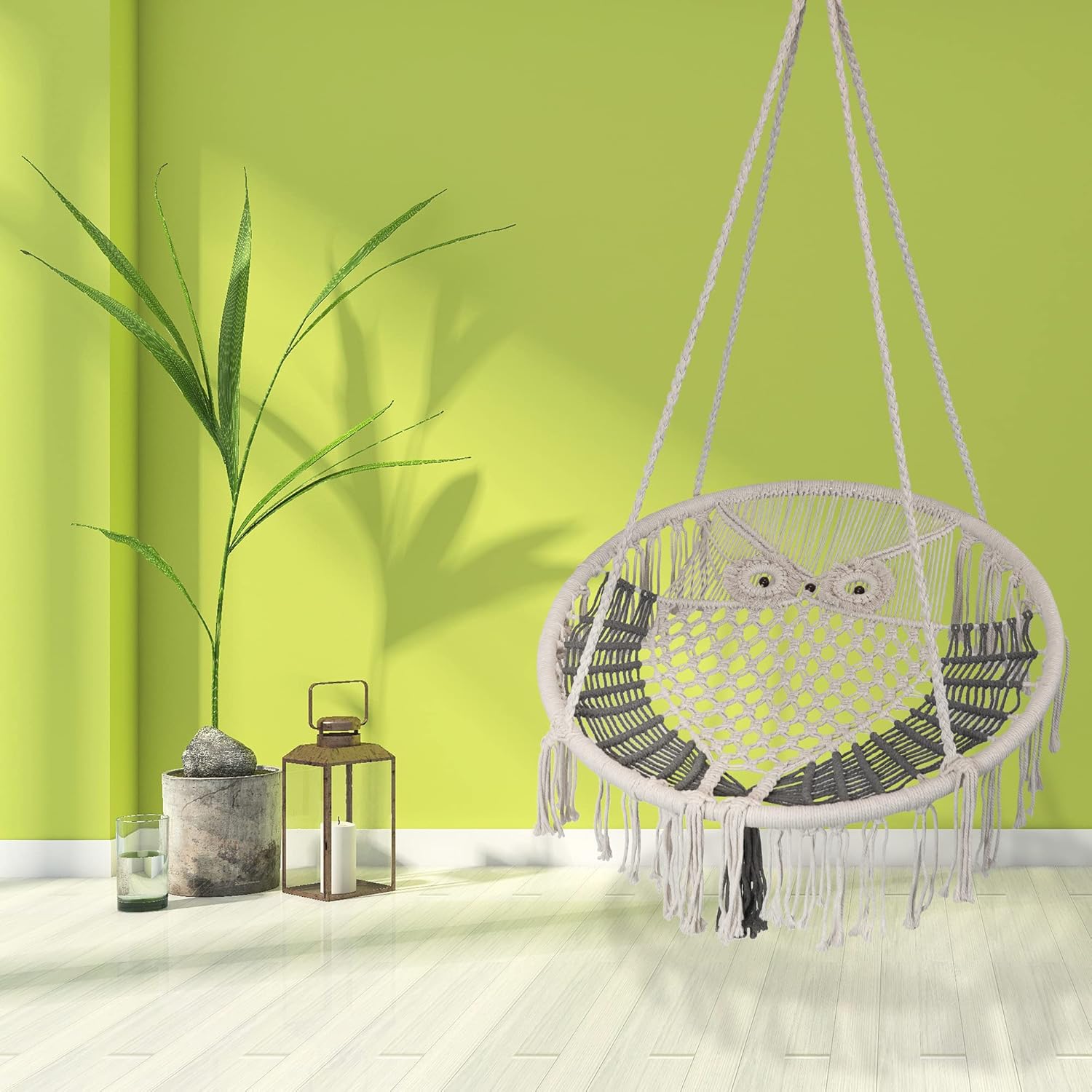 Prime Garden Hammock Chair, Owl Hanging Macrame Swing with Hardware Kits, Handmade Knitted Mesh Rope Swing Chair for Indoor, Outdoor, Bedroom, Patio, Garden, Large (Width 31.9 in)