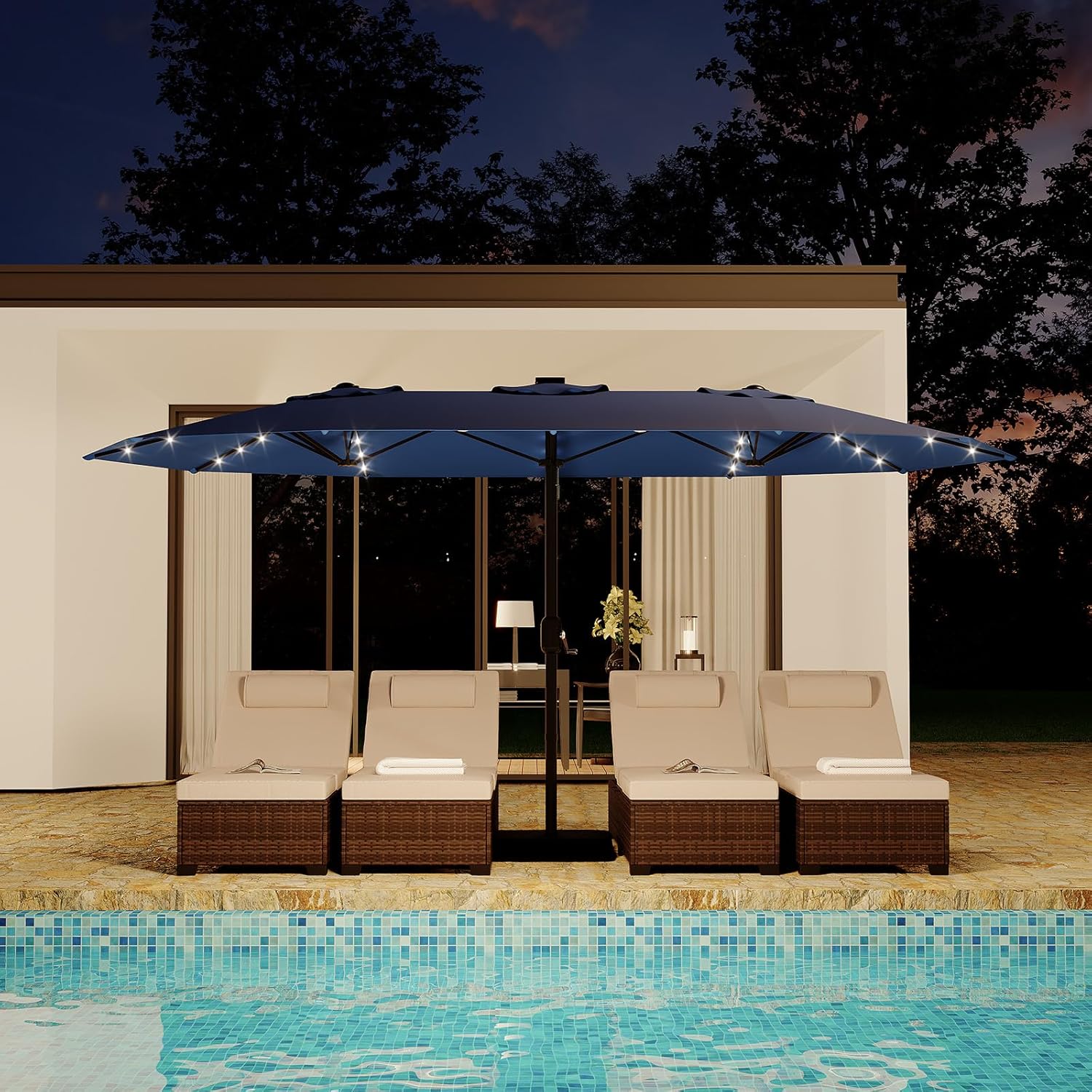 15ft Large Patio Umbrella with Base & Solar Lights - Rectangular Patio Umbrella with Crank Handle, UV Protection for Outdoor Market, Backyard, Pool - Navy Blue