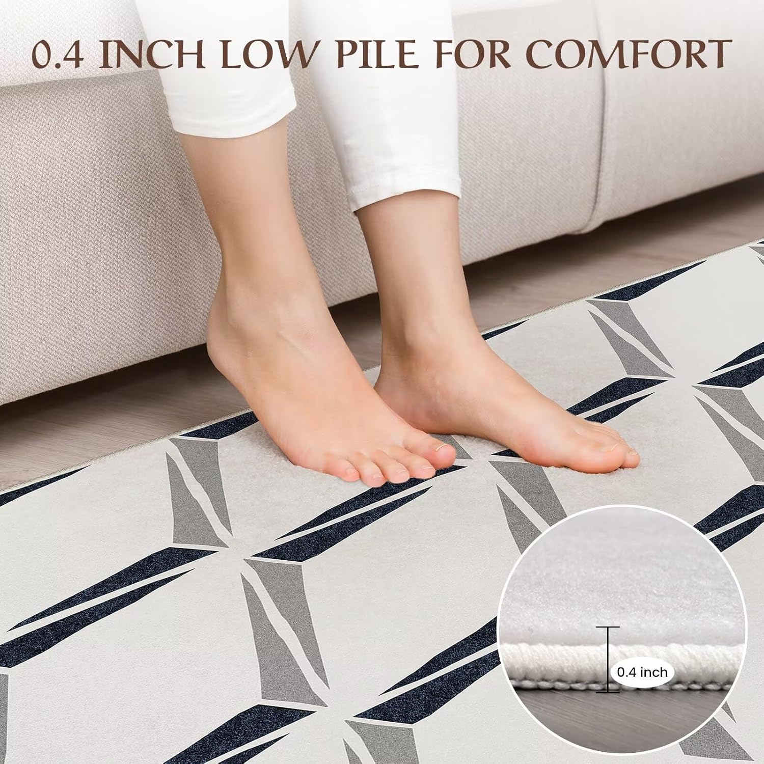 Washable 8x10 Area Rug - 0.4 Inch Thick Soft Non Slip Geometric Modern Foldable Machine Washable Rug for Living Room Bedroom Home Office - Grey, 8'x10'