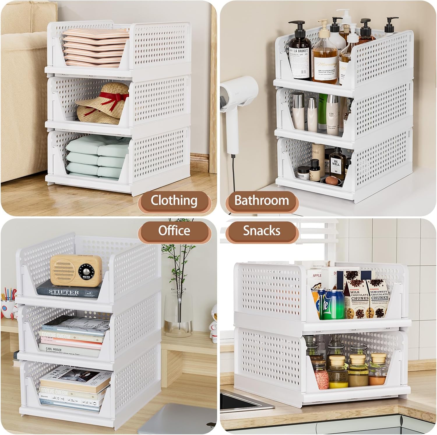 Wardrobe Storage Organiser - 5 Pack Folding Closet Organisers, Stackable Storage Boxes, Plastic Drawer Organiser Basket for Bedroom Kitchen Bathroom White