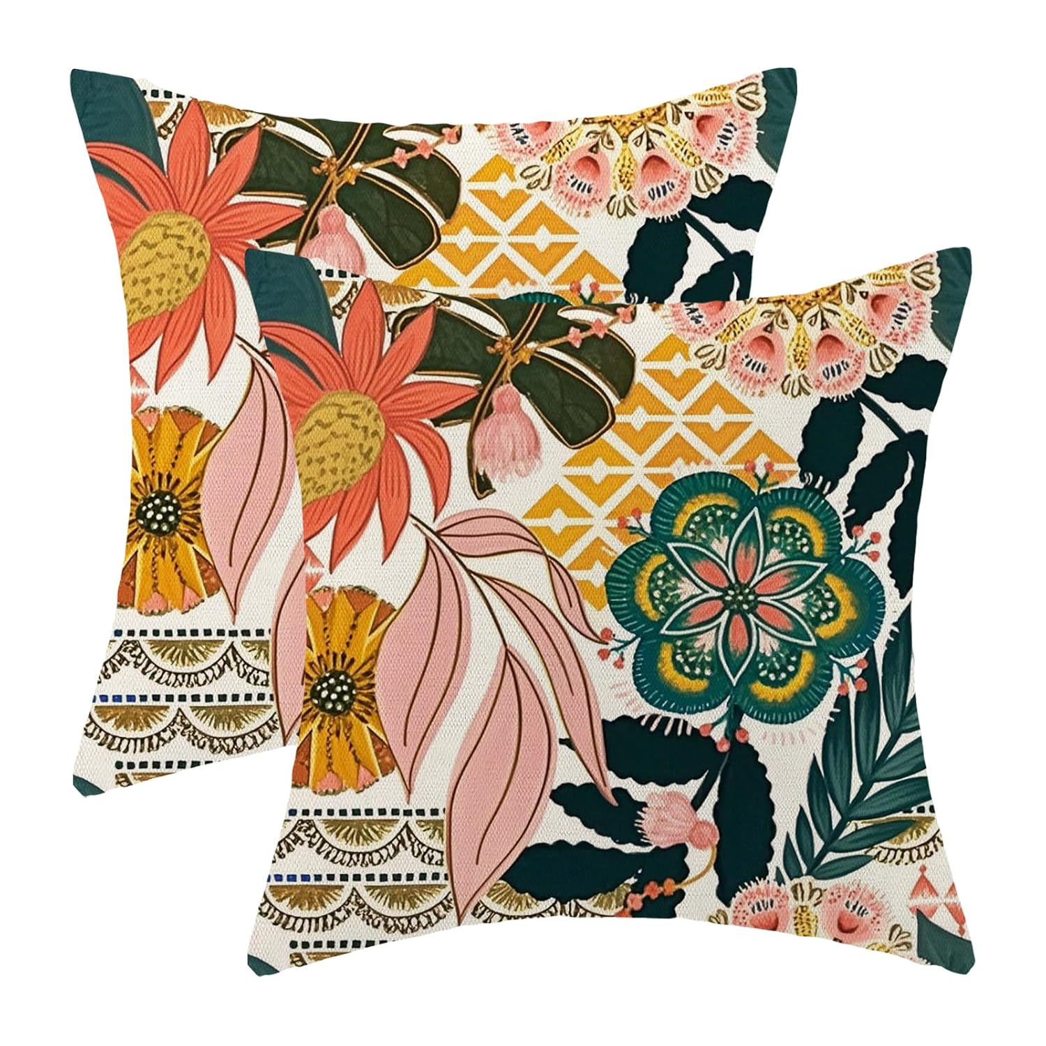 Boho Pillow Covers 18x18 Inches Set of 2 Pink Green Floral Throw Pillow Covers Outdoor Decoration Modern Bohemian