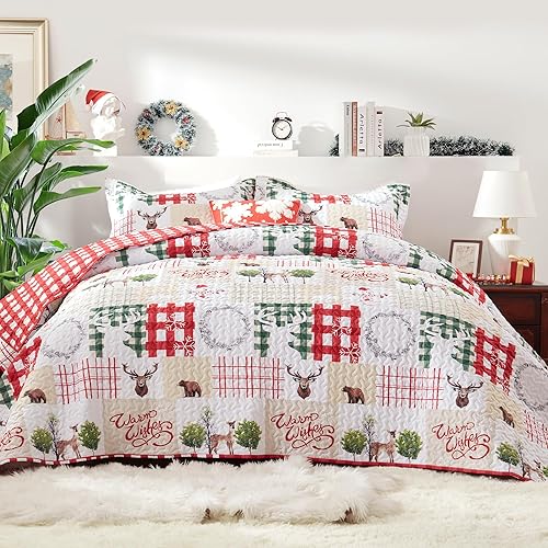 GRT Christmas Quilt Set King Size Rustic Christmas Plaid Patchwork Lightweight Quilt Bedding Set - Reversible Xmas Santa Tree Snowman Pattern Printed Quilted Bedspread Coverlet with Pillow Shams