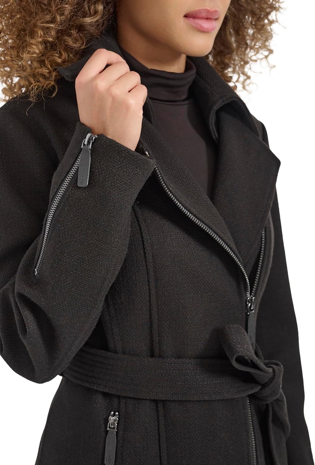 Kenneth Cole Women's Wool Tweed Textured Asymmetrical Zip Belted Wool Coat With Zipper Trim - Image 5