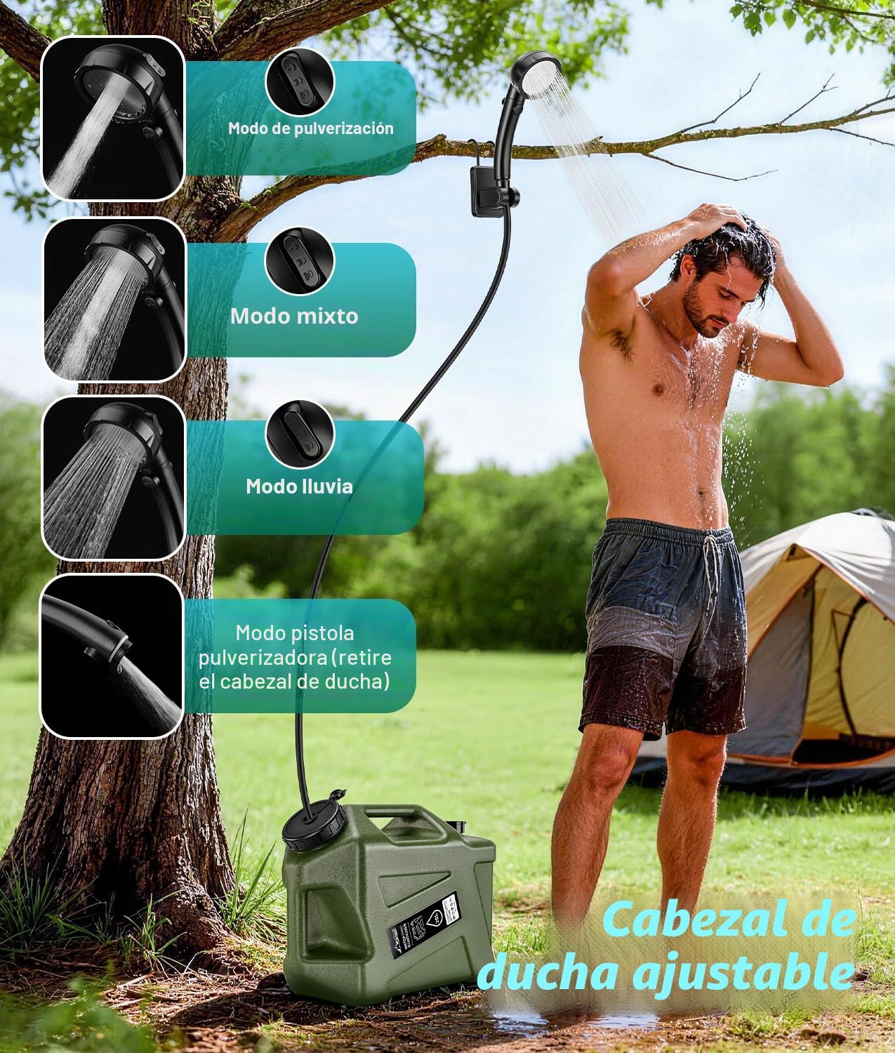 WADEO Ducha de camping con bomba y depósito de agua resistente de 20 l, kit portátil de ducha de camping con bidón de agua, ideal para acampadas, senderismo, jardín, playa, y lavado de coches